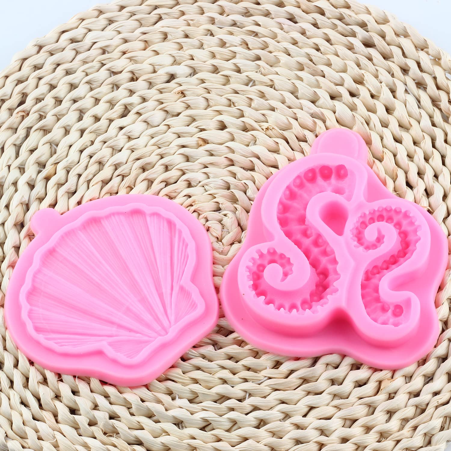 Mujiang 3D Tentacles Octopus Silicone Mold Clam Shell Fondant Molds For Cake Decorating Chocolate Candy Clay Set Of 2
