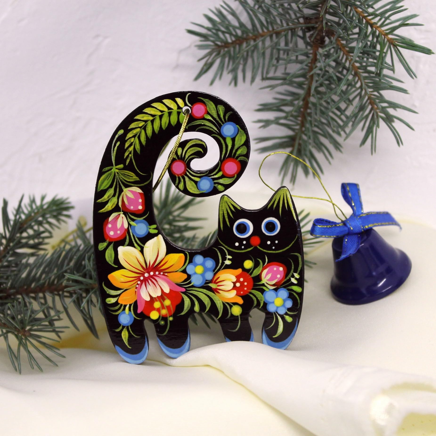 Black Cat Christmas Ornament Wooden Flat 3,3 ? 2,8 ? 0,2 Inch | 7 ? 8,5 ? 0,5 cm Floral Hand-painted on both Sides Cat lovers tr