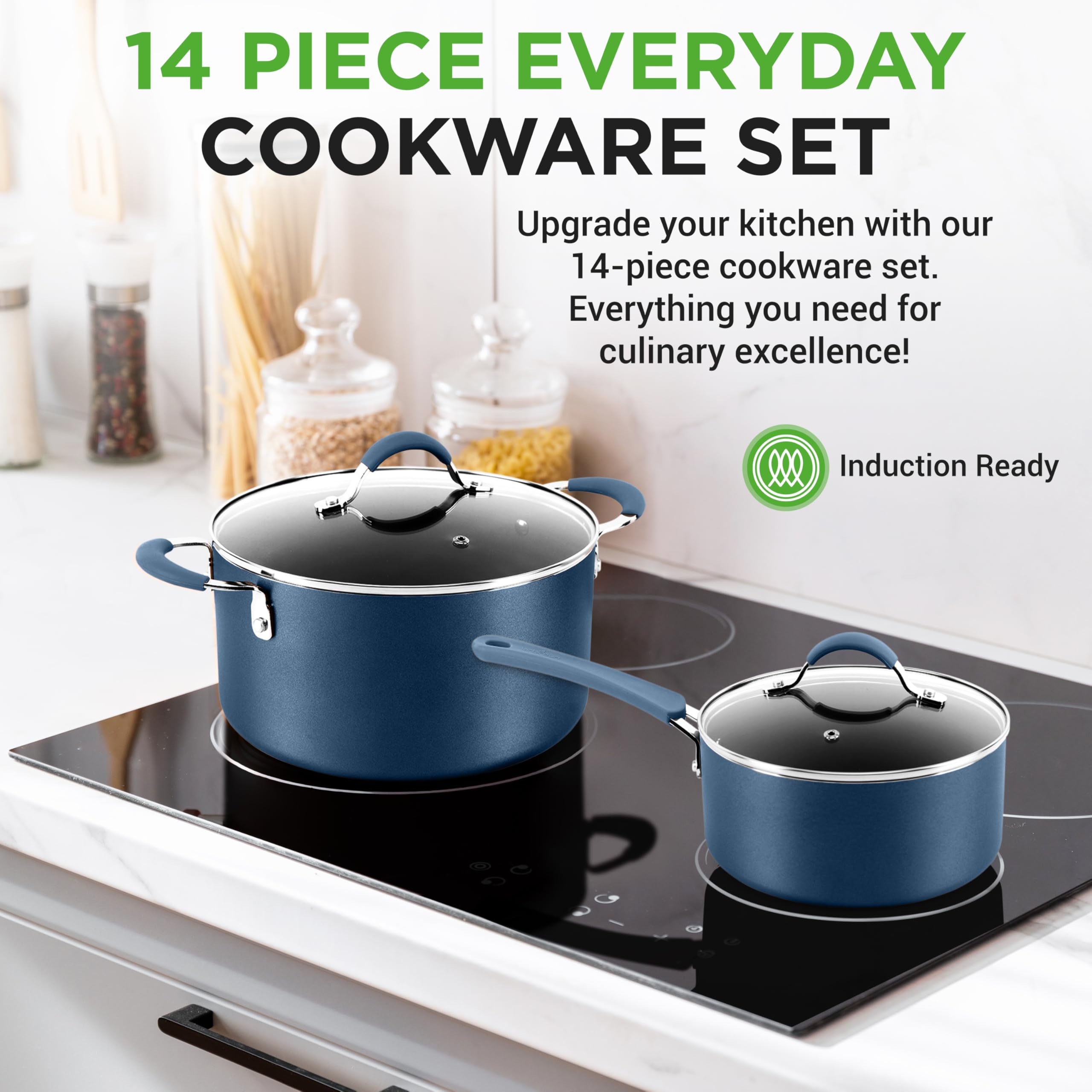 NutriChef 14-Piece Navy Blue Cookware Set - Durable Non-Stick Pots and Pans Set with Lids & Utensils, Compatible with All Cookto