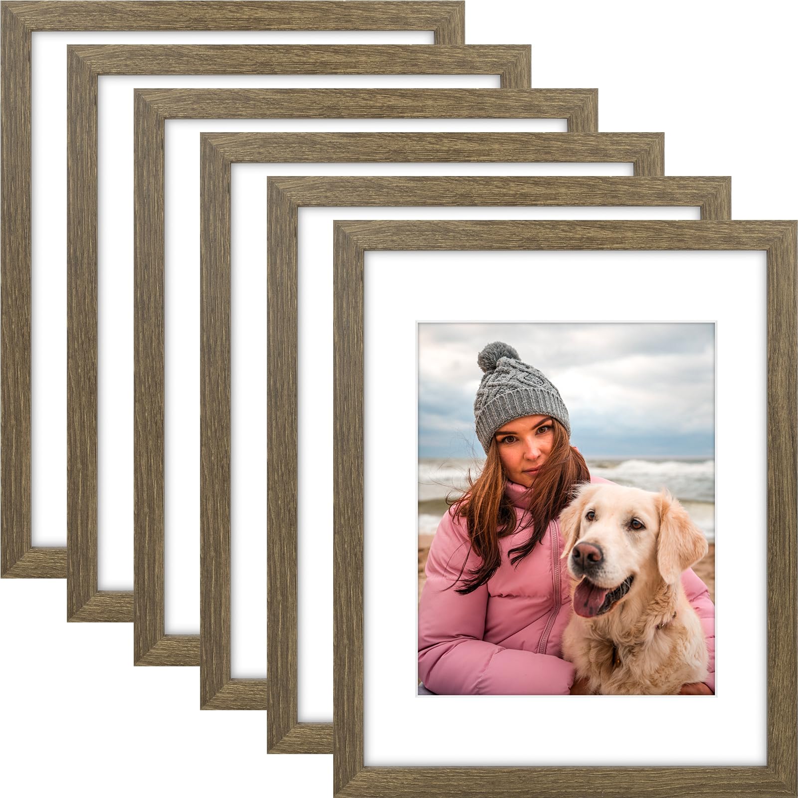 AUEAR, 11x14 Picture Frames Set of 6, with Mat for 8x10 or 11x14 without Mat, Composite Wood Gallery Photo Frames with Plexiglas