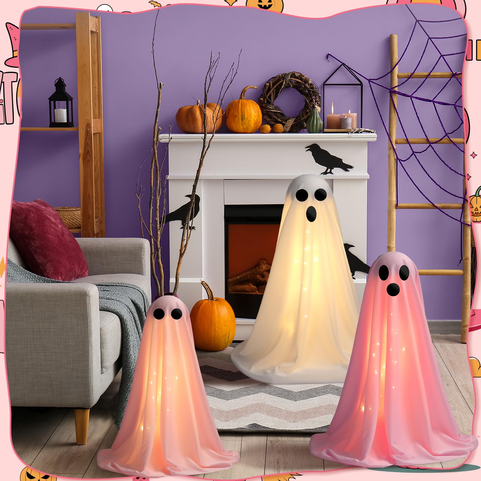 VitalCozy 3 Pack Halloween Decorations Indoor Outdoor Large Light up Spooky Ghost Cute Scary Standing Ghosts Decor with LED Ligh