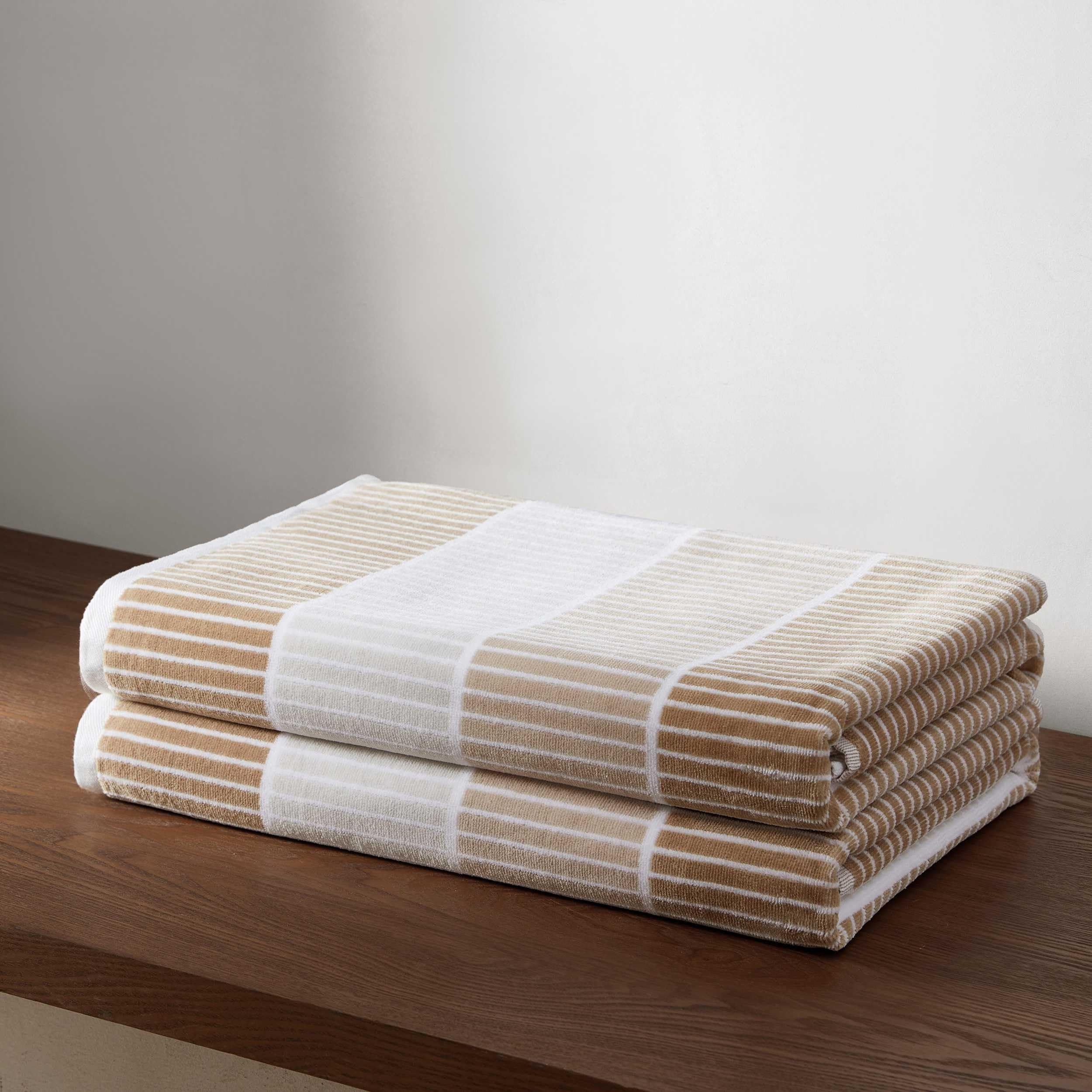Calvin Klein - Beach Towels, 2-Piece Soft & Absorbent Towel Set, Classic Stripe Beach Essentials (Blocked Beige, 36 x 68)