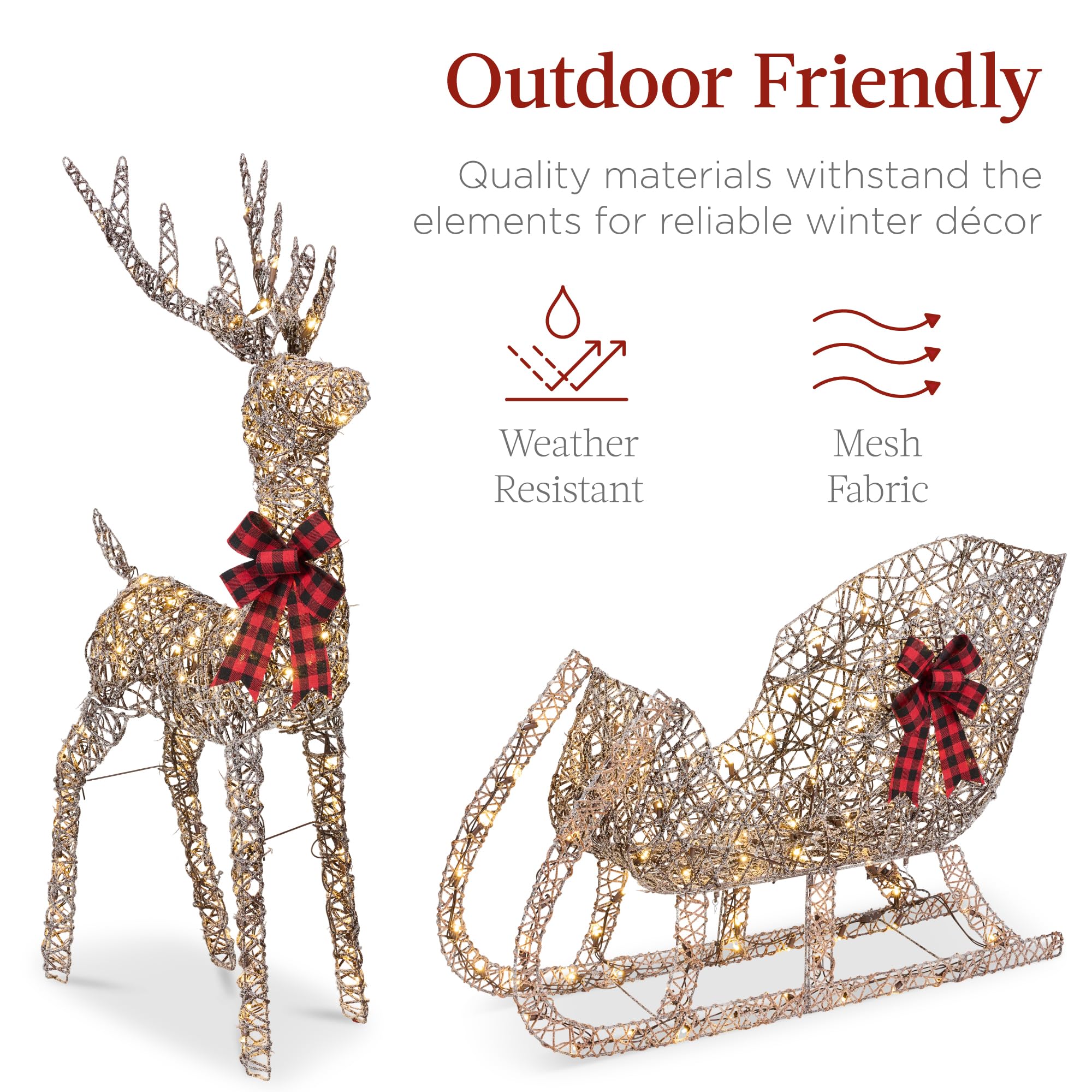 Best Choice Products Lighted Christmas Reindeer & Sleigh Set - 4ft, 205 LED Lights, Rattan, Large, Model SKY10174