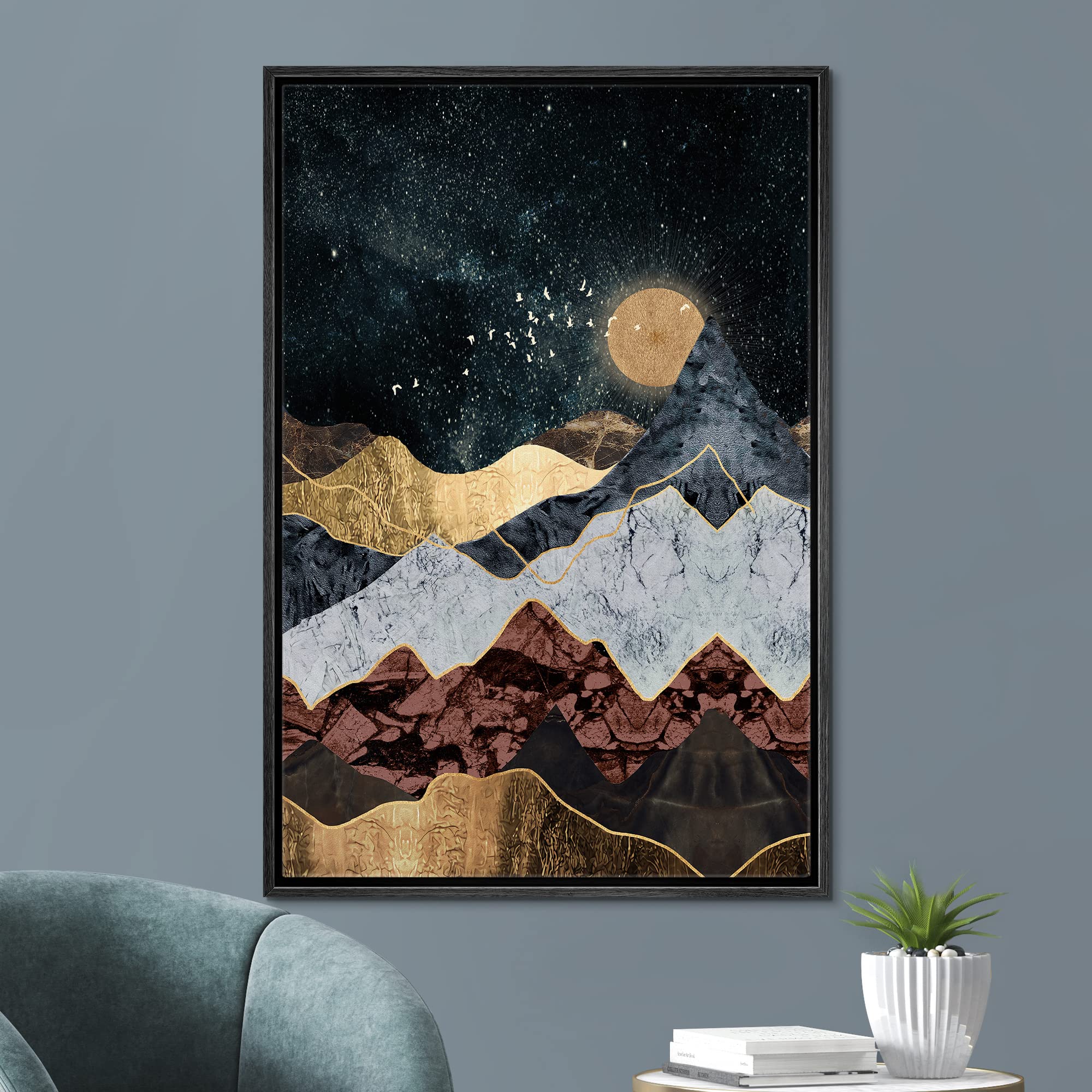 Signford Framed Canvas Print Wall Art Gold Moon Granite Marble Mountain Range Nature Wilderness Illustrations Modern Art Decorat