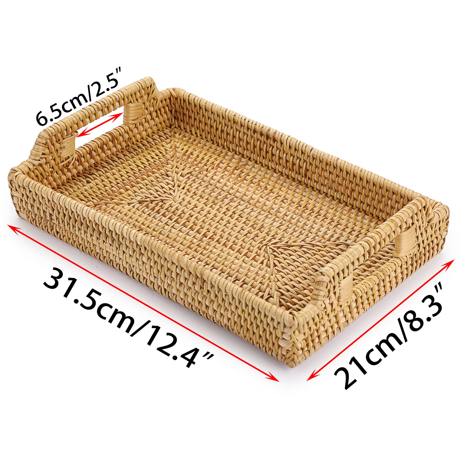 Hipiwe Rattan Serving Tray With Handles - Hand-Woven Decorative Tray For Storage Breakfast, Drinks, Snack,Rectangular Basket Org