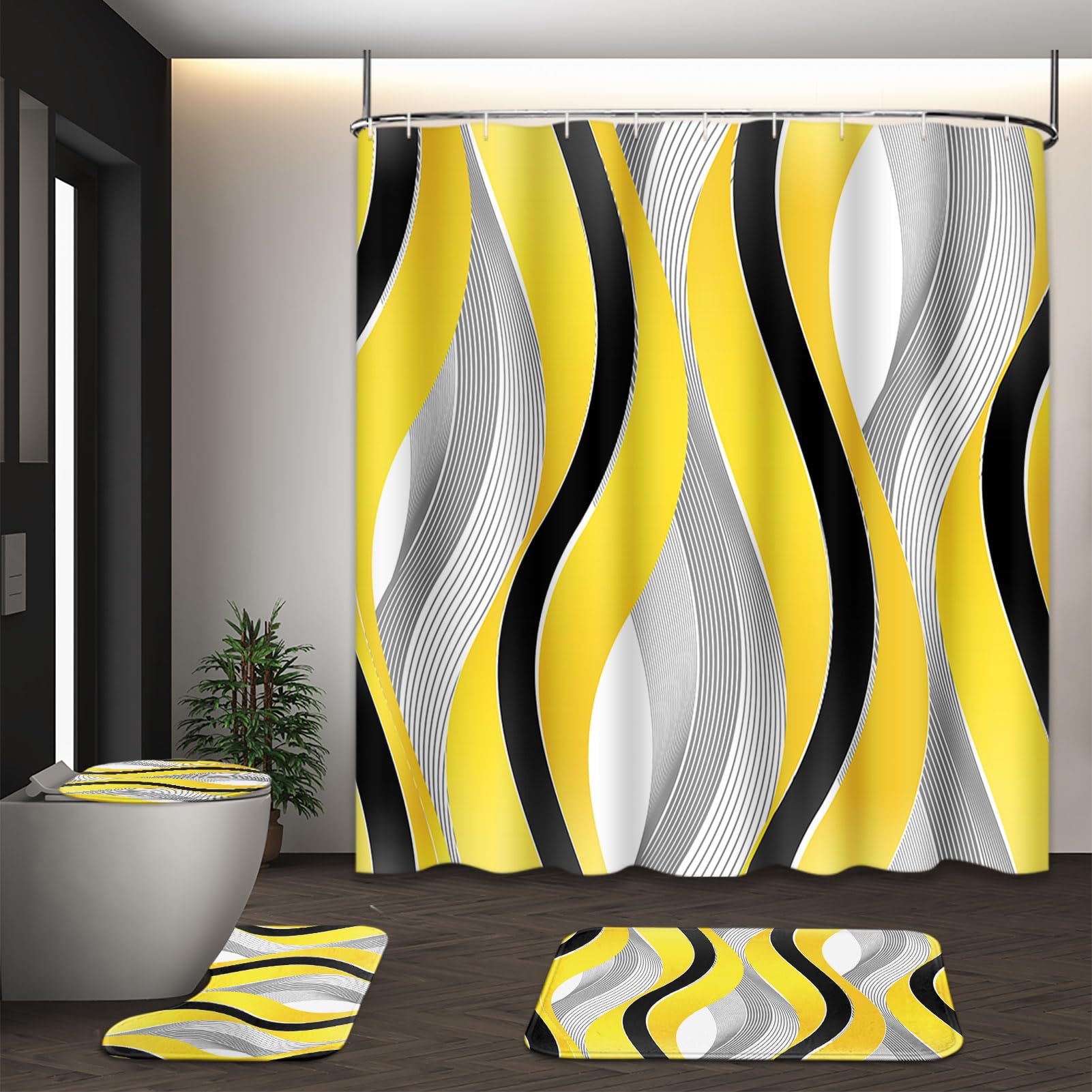 Tayney Yellow Striped Shower Curtain Set With Toilet Lid Cover And Non-Slip Rugs For Bathroom, Grey And Black Geometric Lines 4
