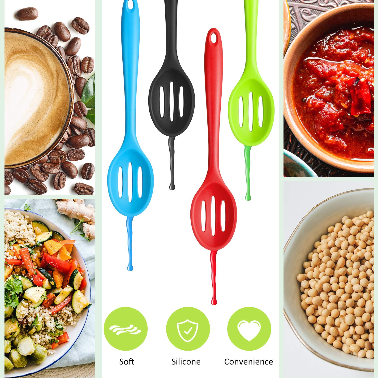 4 Pieces Silicone Slotted Spoons 10.6 Inch Silicone Nonstick Mixing Spoon Large Heat Resistant Silicone Basting Spoon Multi-Colo