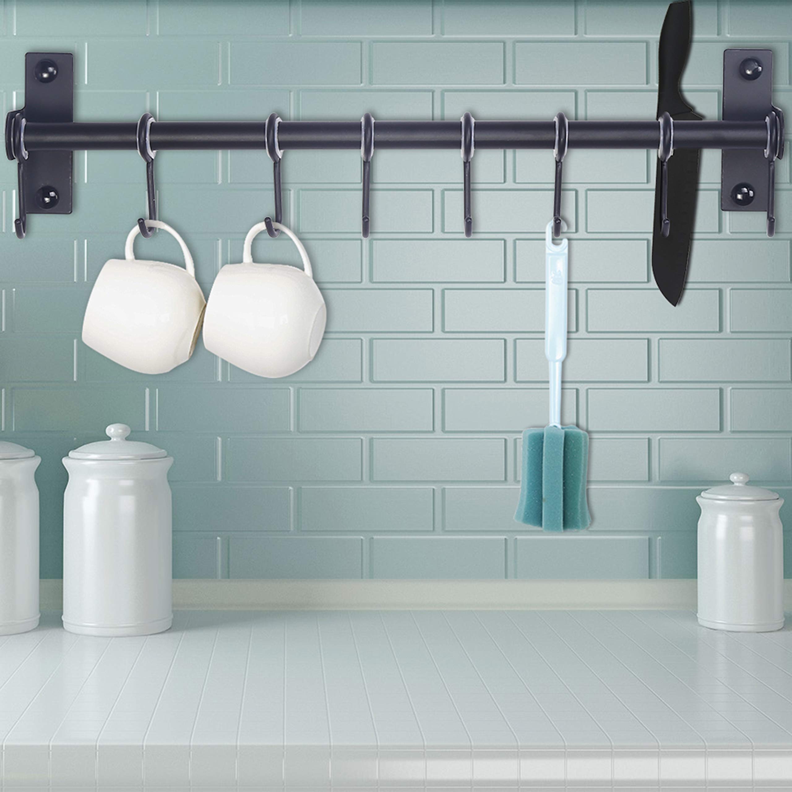 Dseap Pot Rack - Wall Mounted Stainless Steel Hanging Rack with 8 Hooks, Black, Pack of 2, Model GJ-SGAN-BLK-8G2P