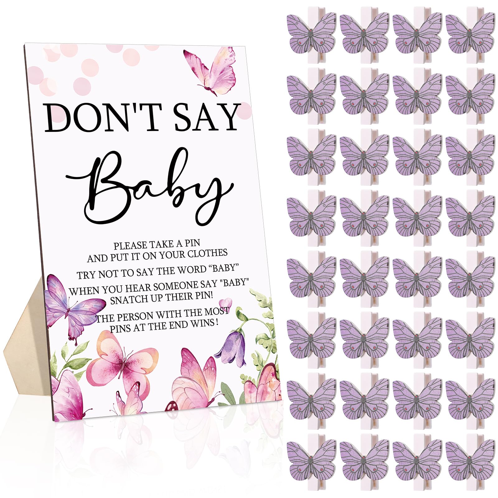 Unittype 51 Pcs Don'T Say Baby Shower Game Supplies Include Purple Butterfly Theme Baby Shower Sign And 50 Mini Butterfly Clothe