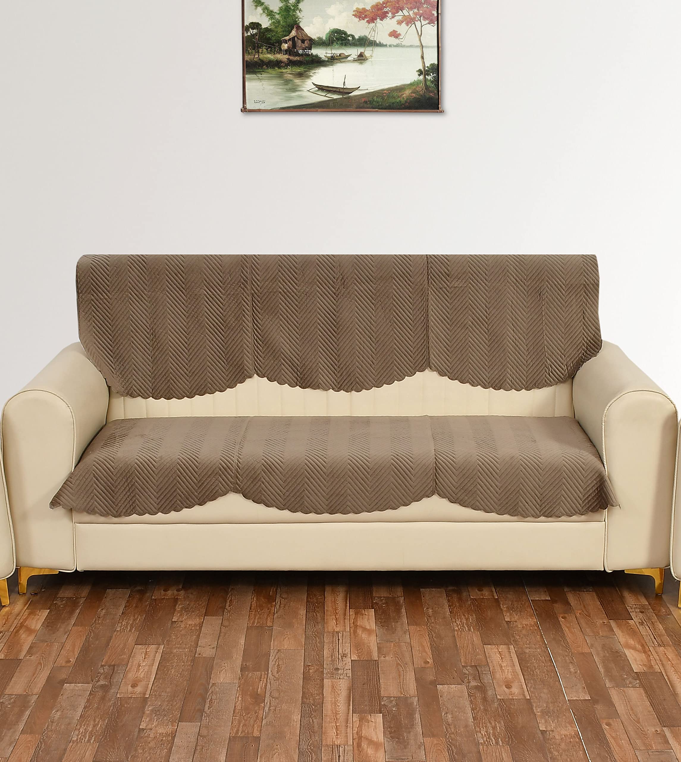 Yellow Weaves Velvet 3 Seater Quilted Sofa Cover And Chair Cover, Seat & Back Cover, Color - Greyish Brown