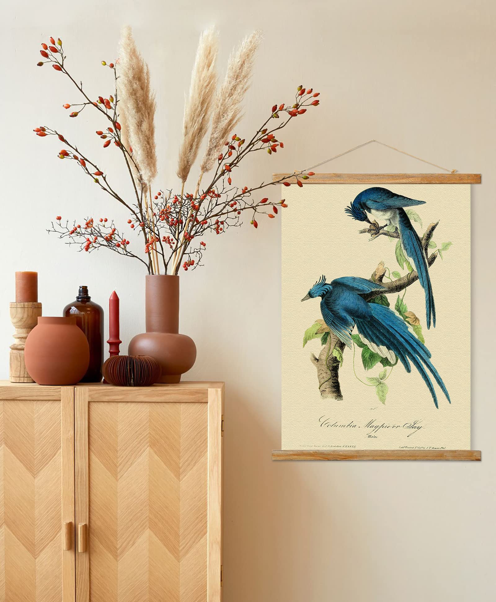 Vintage Birds Poster Hanger Frame, Retro Style Of Wall Art Prints, Printed On Linen With Natural Wooden Frames, Illustrative Ref