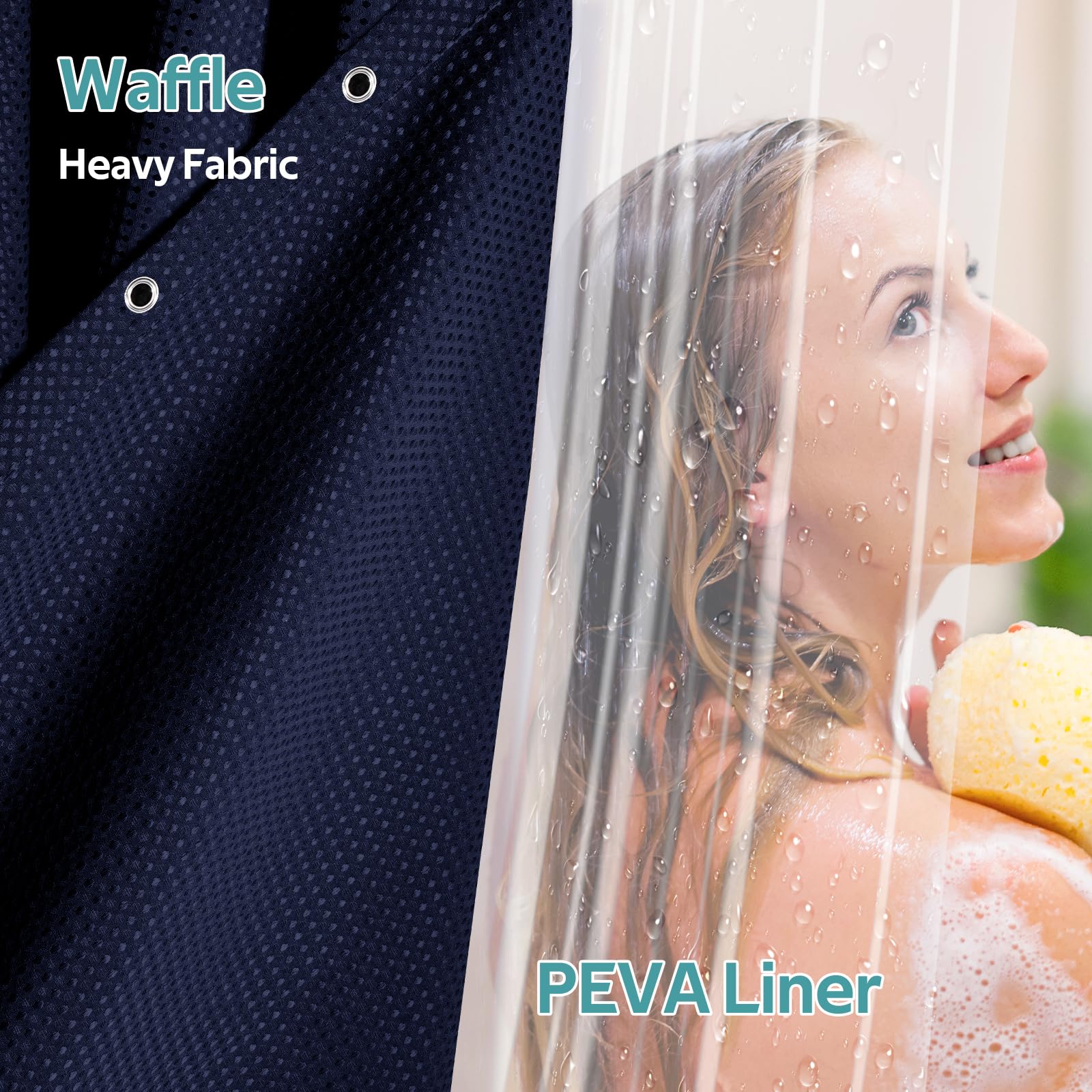 Vipfree 3 In 1 Shower Curtain Set, Waffle Shower Curtain And Liner Set With 12 Double Sided Shower Curtain Hooks, 258Gsm Luxury