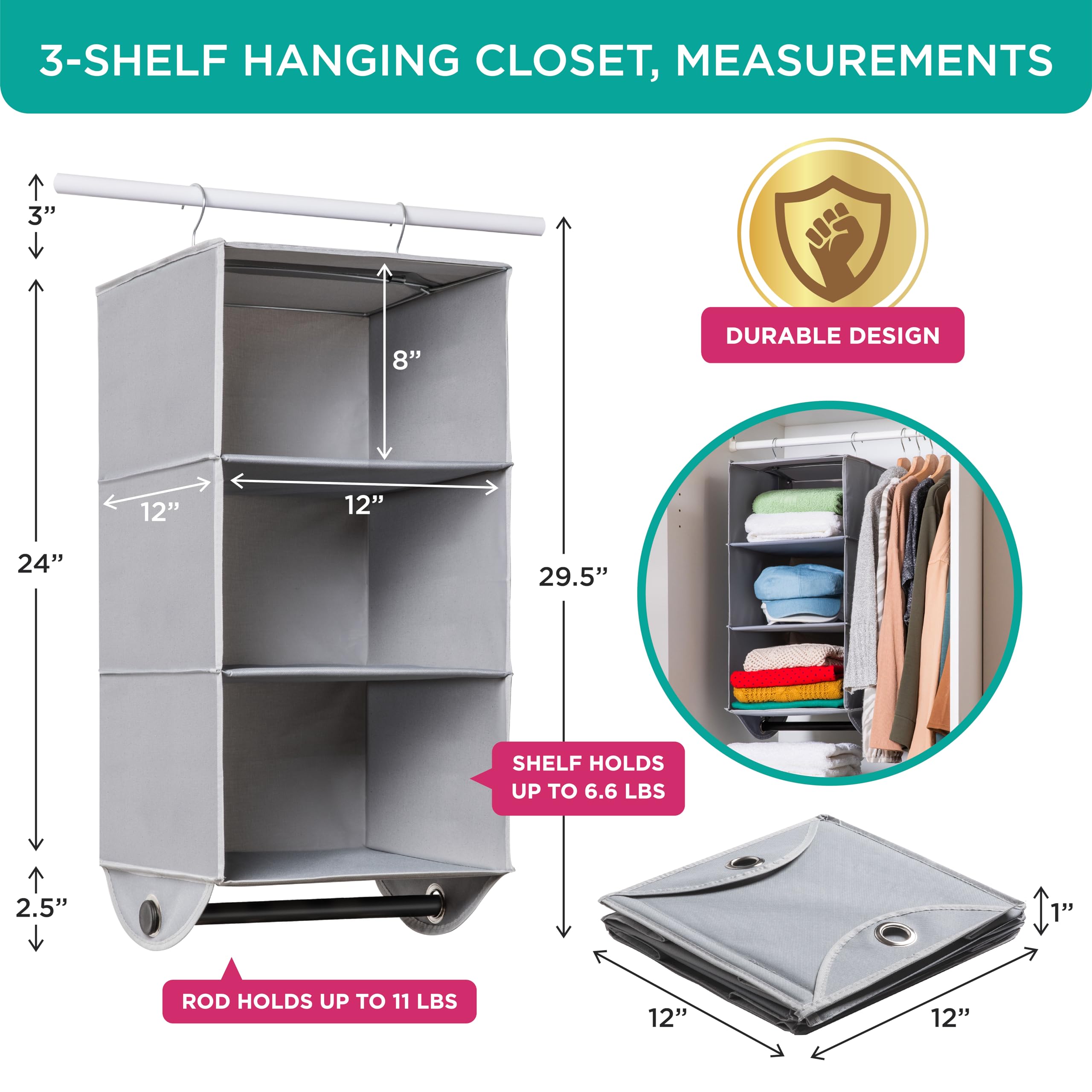 Hanging Closet Organizer With 3 Shelves - Closet Storage And Rv Closet Hanging Organizer - Grey With Black Metal Rod - 12    W X