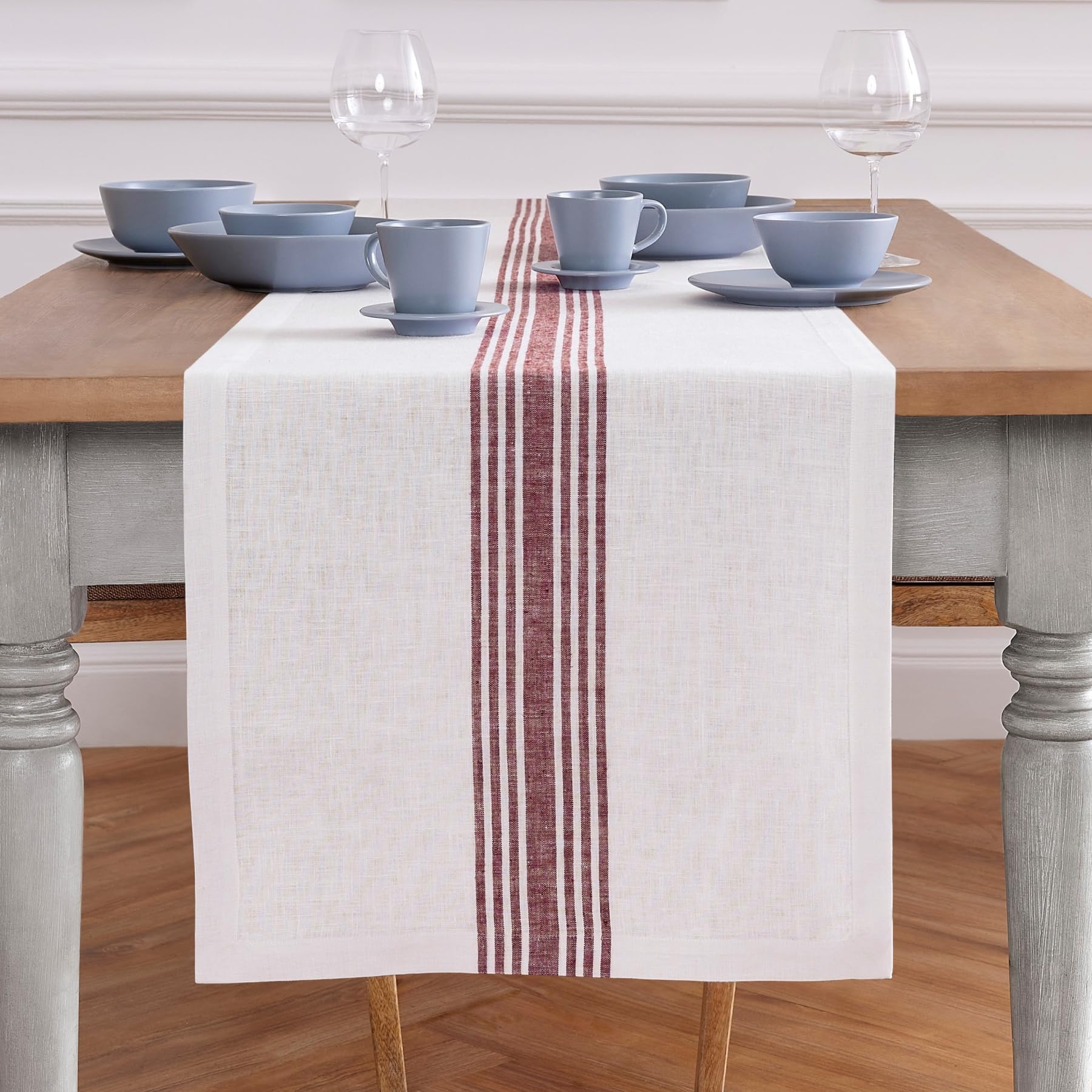Solino Home Stripe Linen Table Runner 120 Inches Long - 100% Pure Linen Burgundy And White Dining Farmhouse Table Runner 18 X 12