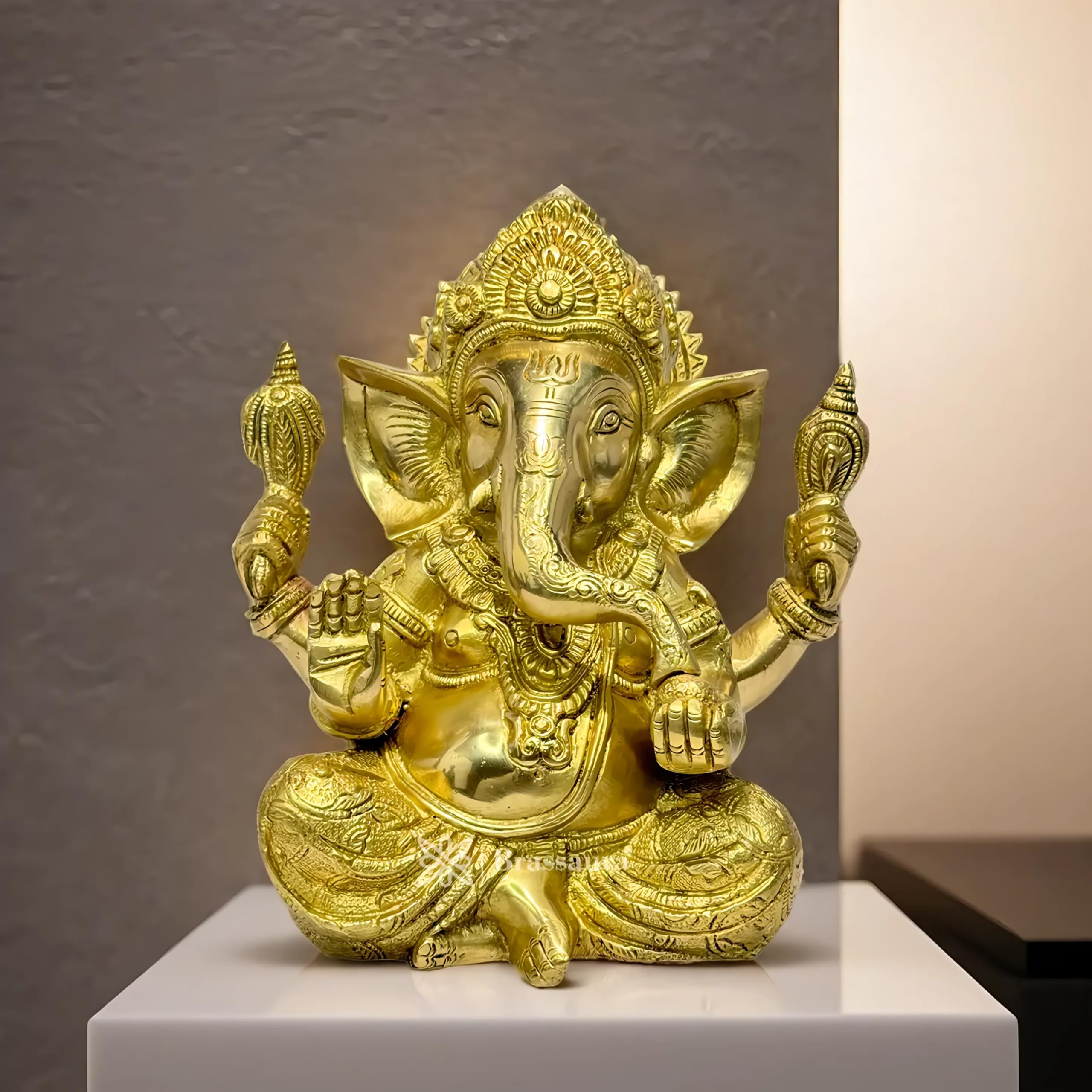 Brassaura Brass Ganesha Bhagwan Idol Taj Ganesh Statue Ganpati Murti For Temple Puja Home Entrance Decor Luck Gift Height 15 Cm
