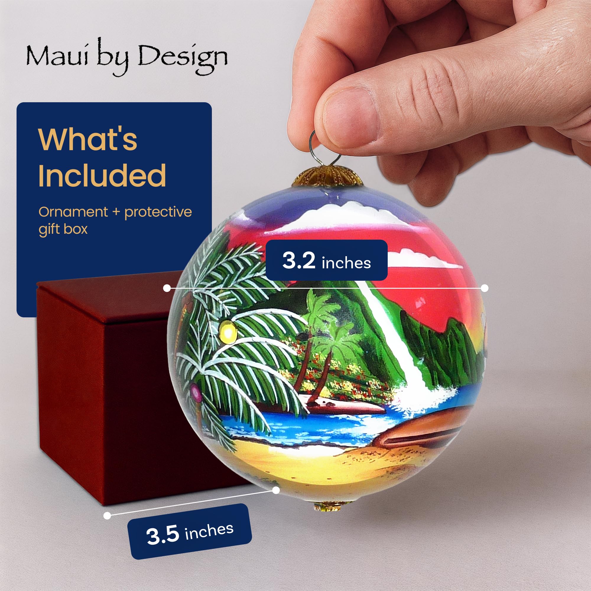 Collectible Hawaiian Santa Christmas Hand-Painted Glass with Gift Box Ornament MK/H