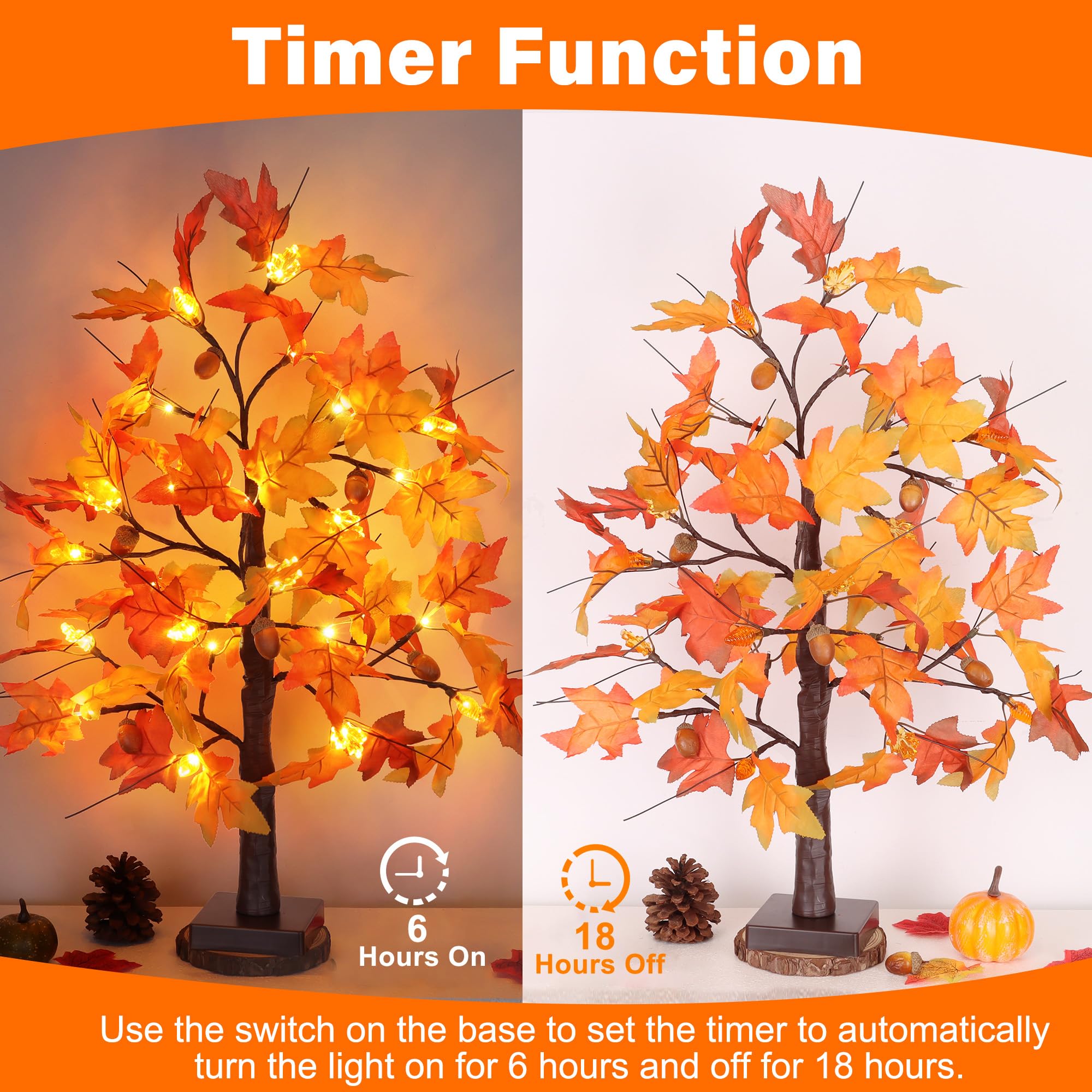 2 Pack 24 Inch Fall Maple Tree Fall Thanksgiving Decorations with Lights Lighted Artificial Tree with Pumpkin Acorn Maple Thanks