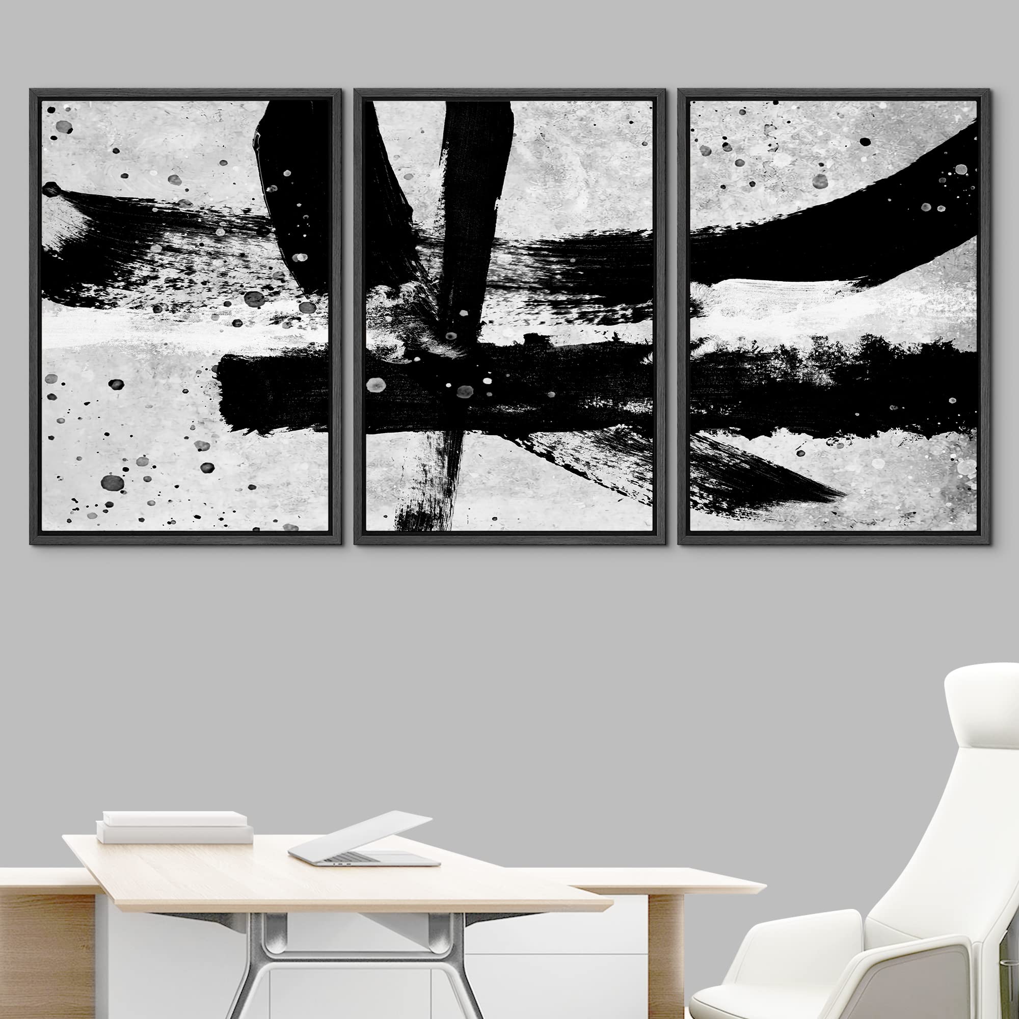 Idea4Wall Framed Wall Art Print Set Black & White Paint Strokes & Dots Abstract Shapes Illustrations Modern Art Alternative Scen