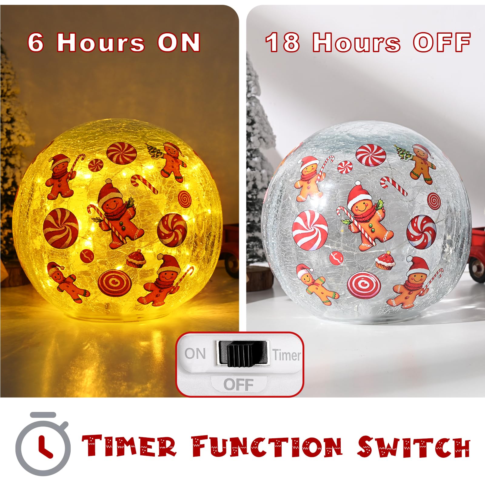 Yinhua Lighted Christmas Decorations Indoor, 5.9 Gingerbread Man Crackle Glass Balls, Light Up Christmas Globe Light with Timer,