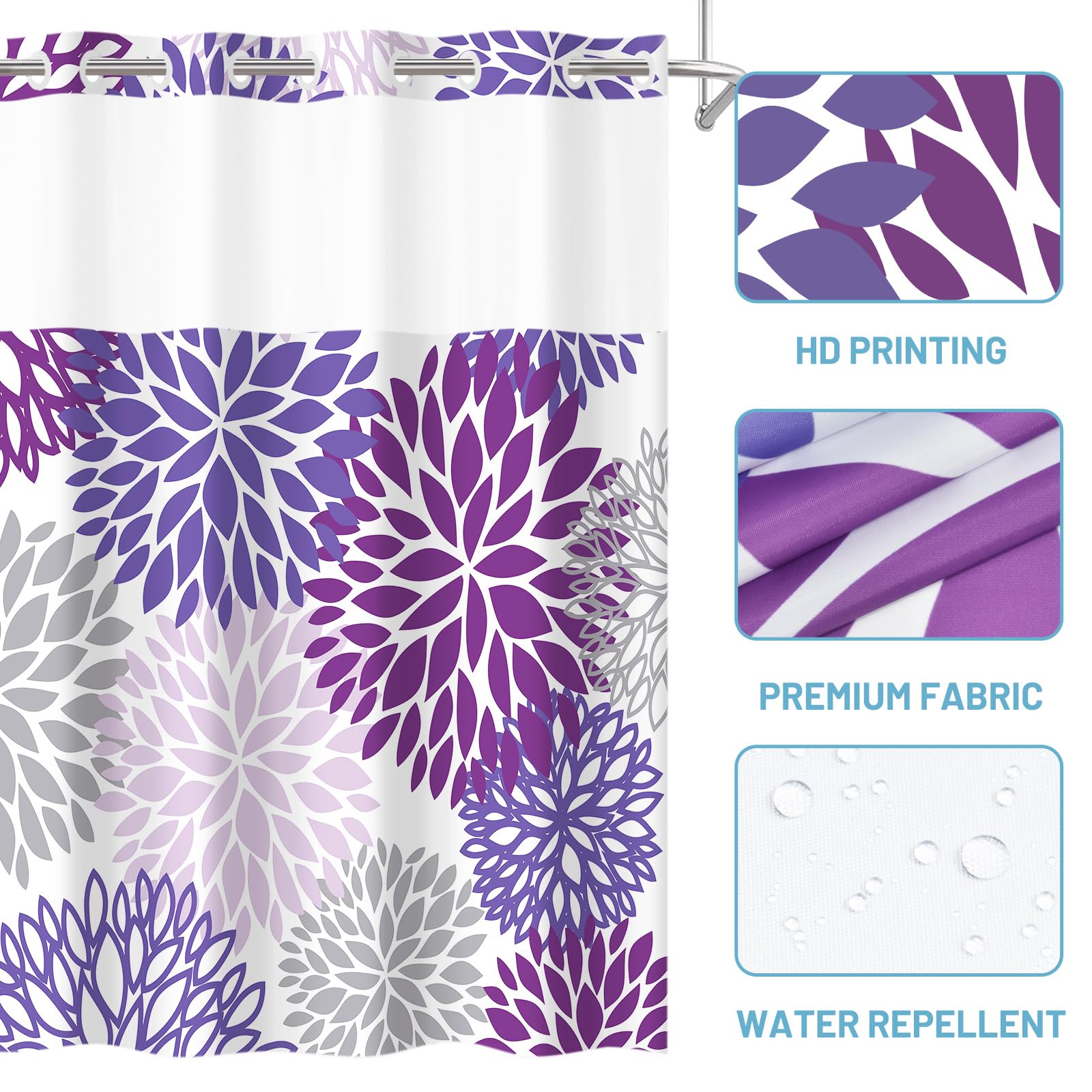 Withloc No Hook Shower Curtain With Snap In Liner - Dahlia Floral Shower Curtain - Fabric Waterproof Inner Liner, Plants Purple