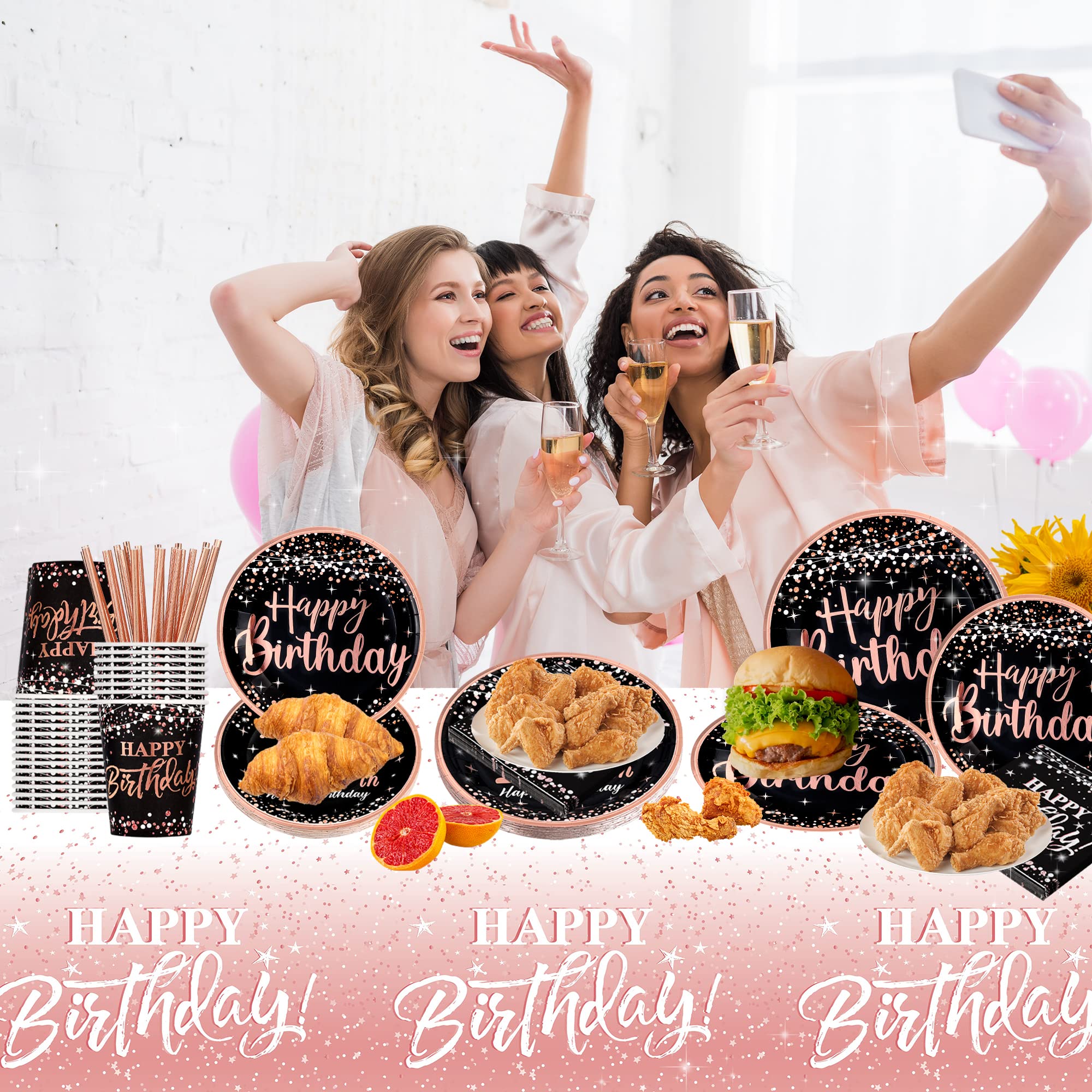 Happy Birthday Decorations Plates For Women - (Total 121Pcs) Rose Gold Plates And Napkins Party Supplies, Cups, Straws, Tableclo