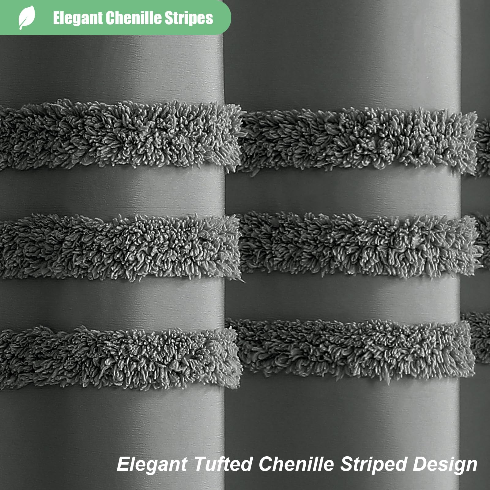 Dynamene Charcoal Grey Fabric Shower Curtain, Tufted Chenille Striped Cloth Shower Curtain For Bathroom, Modern Farmhouse Shabby
