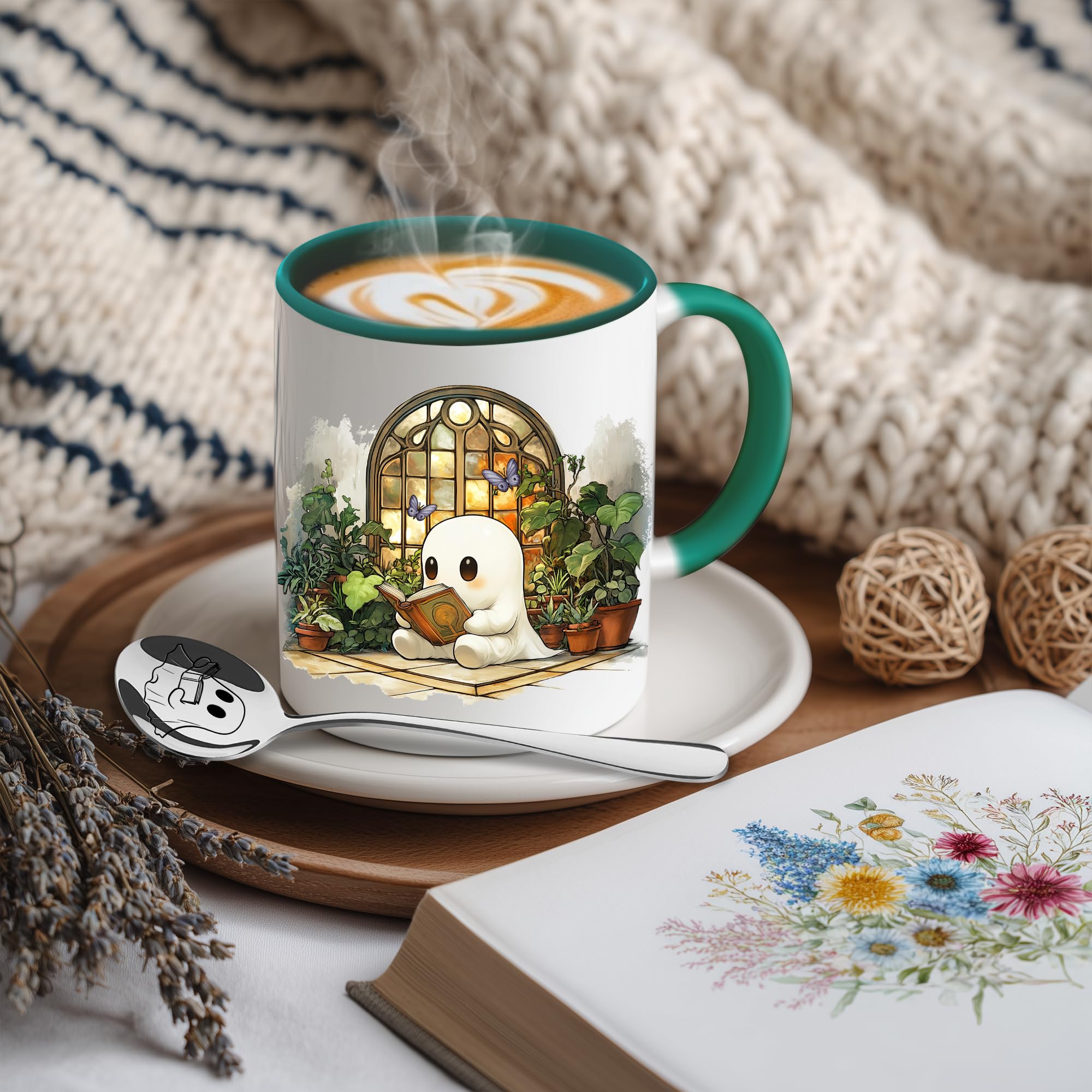 Hyturtle Cute Ghost Reading Coffee Mug with Spoon Gifts For Book Lovers, Plant Lovers On Birthday Christmas, Reading Cup Gifts F