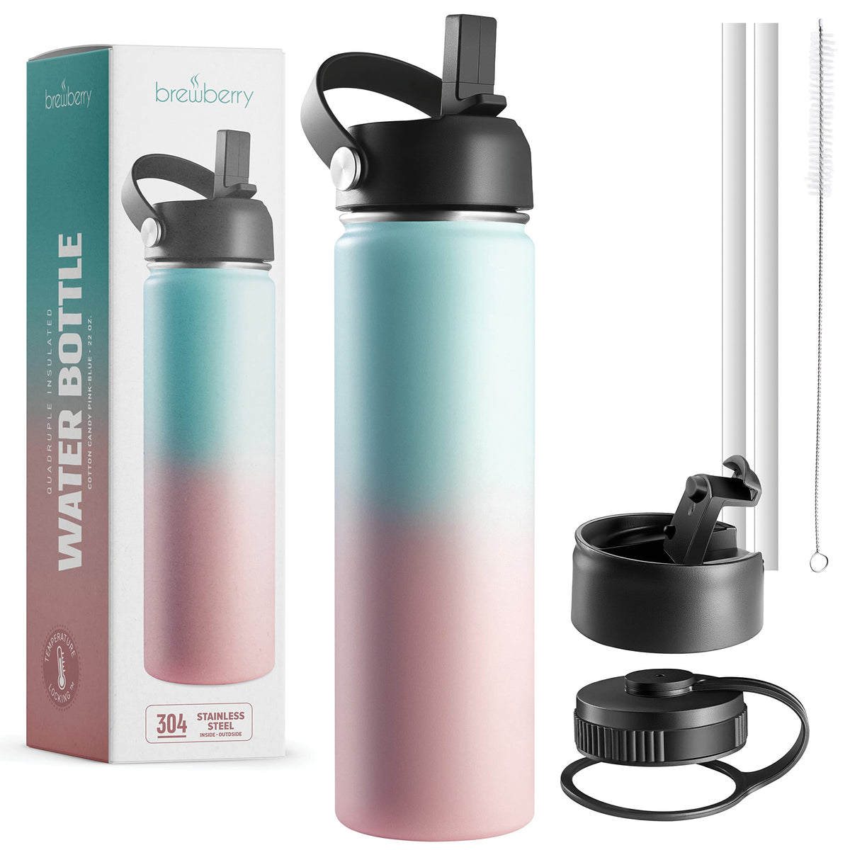 Brewberry Stainless Steel Sports Bottle And Travel Mug For Hot And Cold Beverages, Wide Mouth, Double Wall Insulated Hydration S