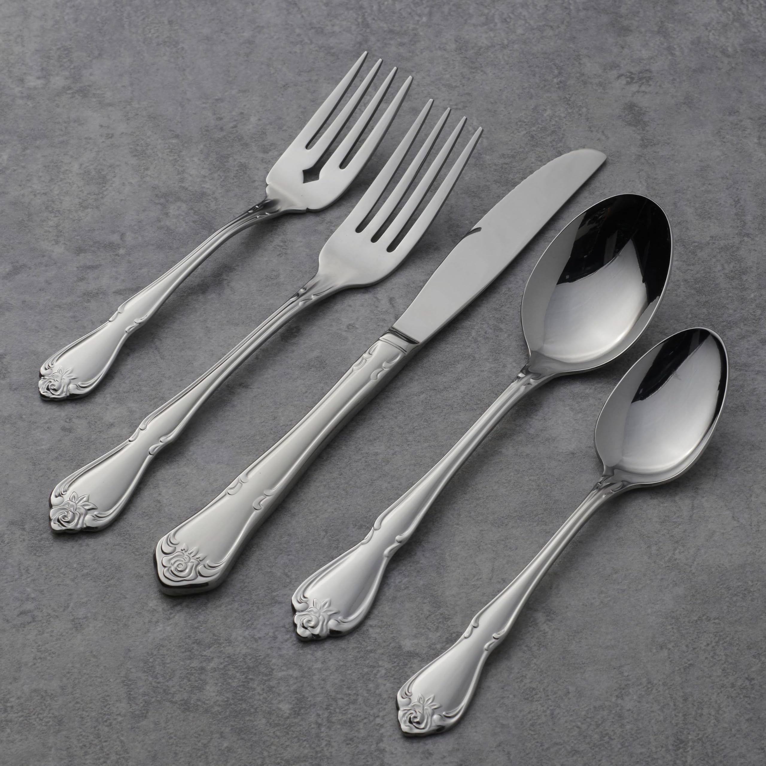 Oneida True Rose Flatware Dinner Spoons Set of 4, Silver, 6.75" L x 1.6" W, Model B552004C