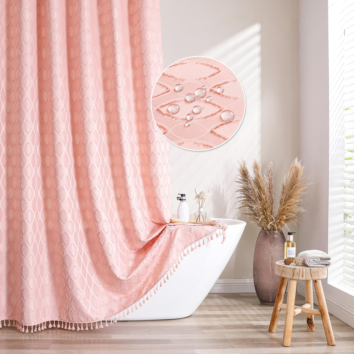 Qiyi Pink Fabric Shower Curtain, Boho Bathroom Curtain With Tassel, Tufted Geometric Ogee Textured Cloth Bath Curtain, Farmhouse