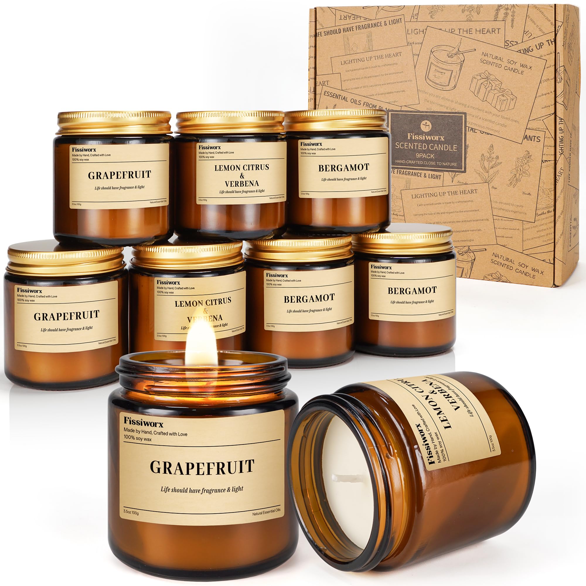 9 Pack Soy Candles for Home Scented | Grapefruit/Lemon Citrus/Bergamot Aromatherapy Candle Set in Amber Jar, Natural Scented Can