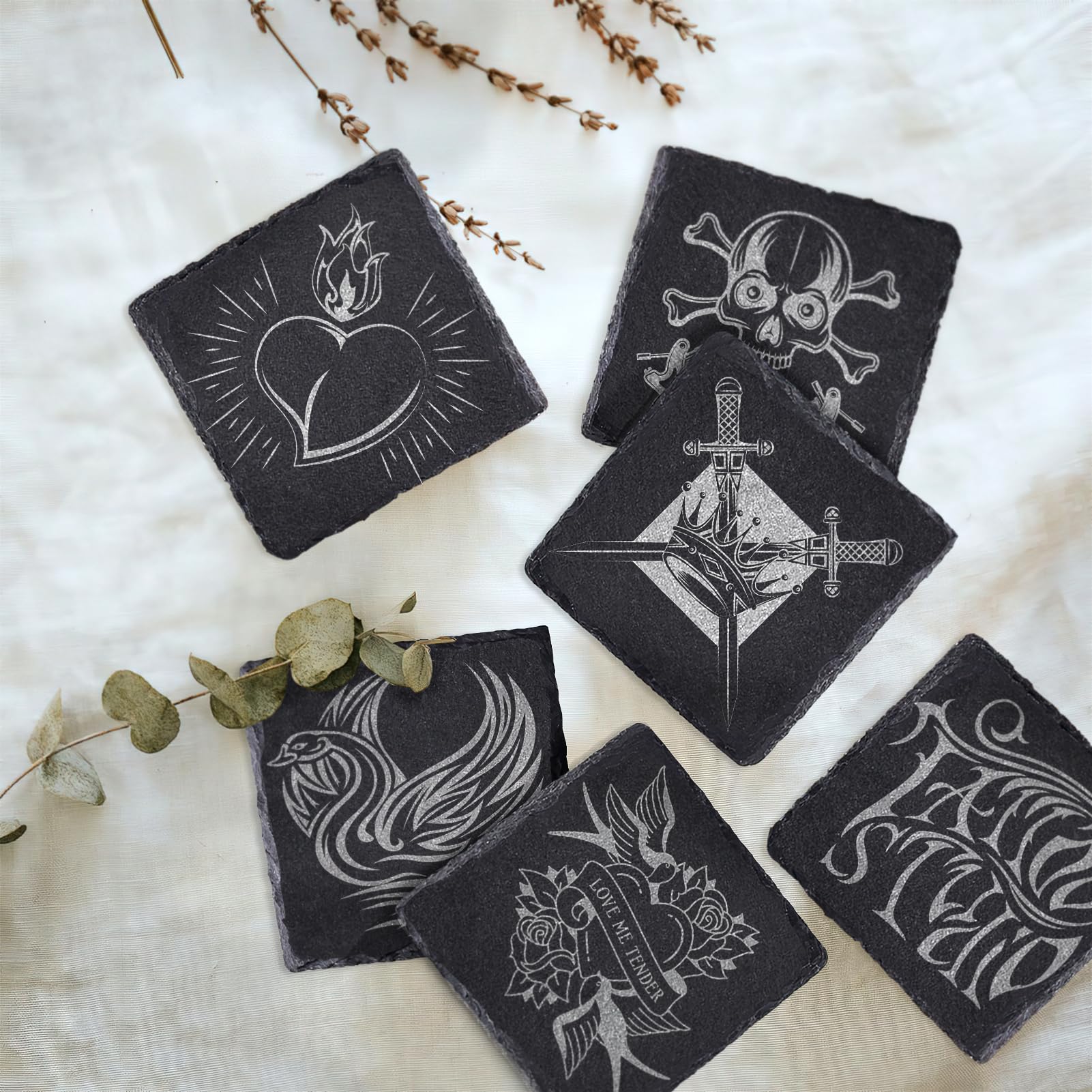 12 Pcs Square Slate Drink Coasters Set, Sijdiee 4 Inch Laser Engraving Black Slate Stone Coasters With Anti-Scratch Bottom And C