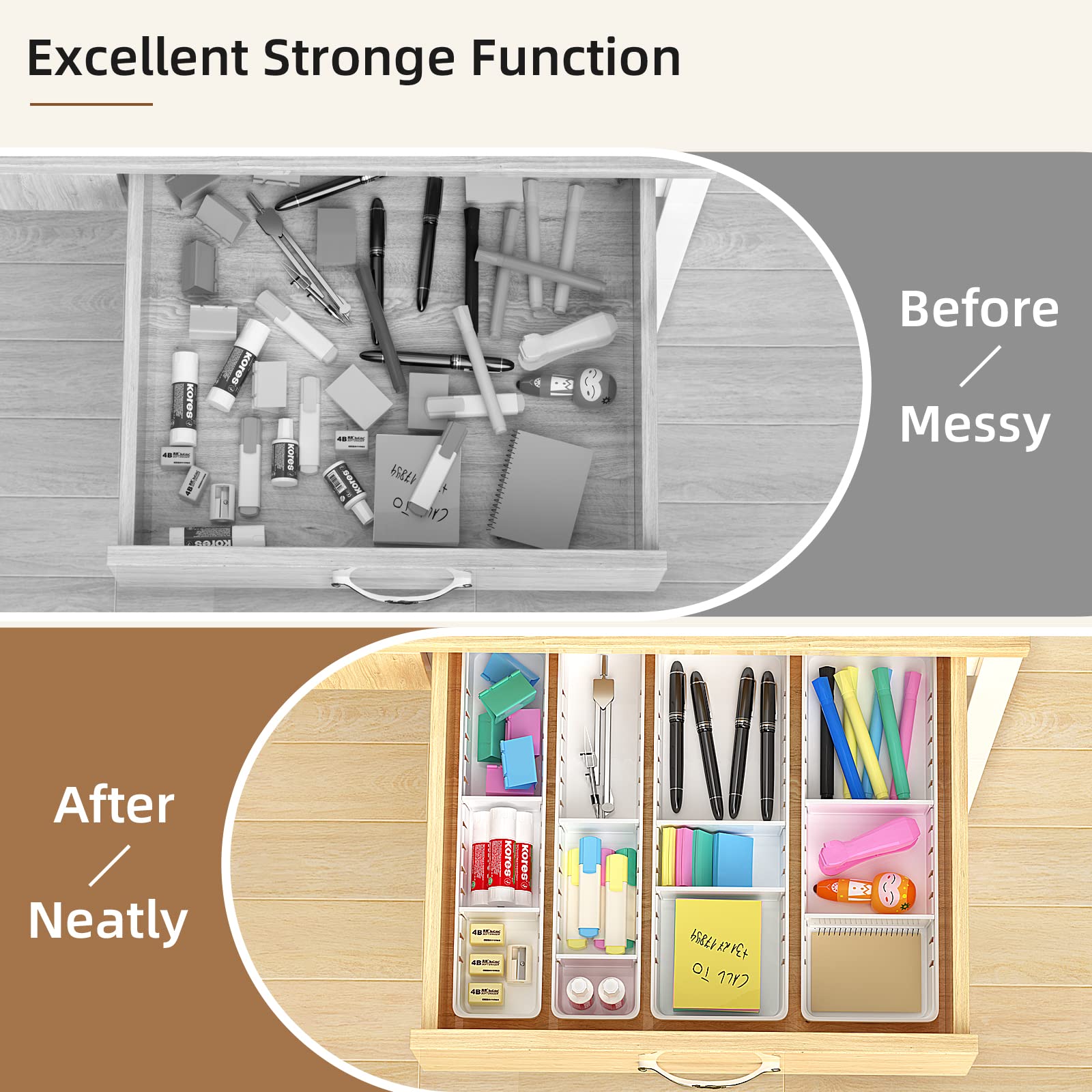 Pluspace Desk Drawer Organizer Tray 4 PCS Plastic Office Drawer Organizer Set Makeup Organizer Dividers with Non-Slip Silicone P