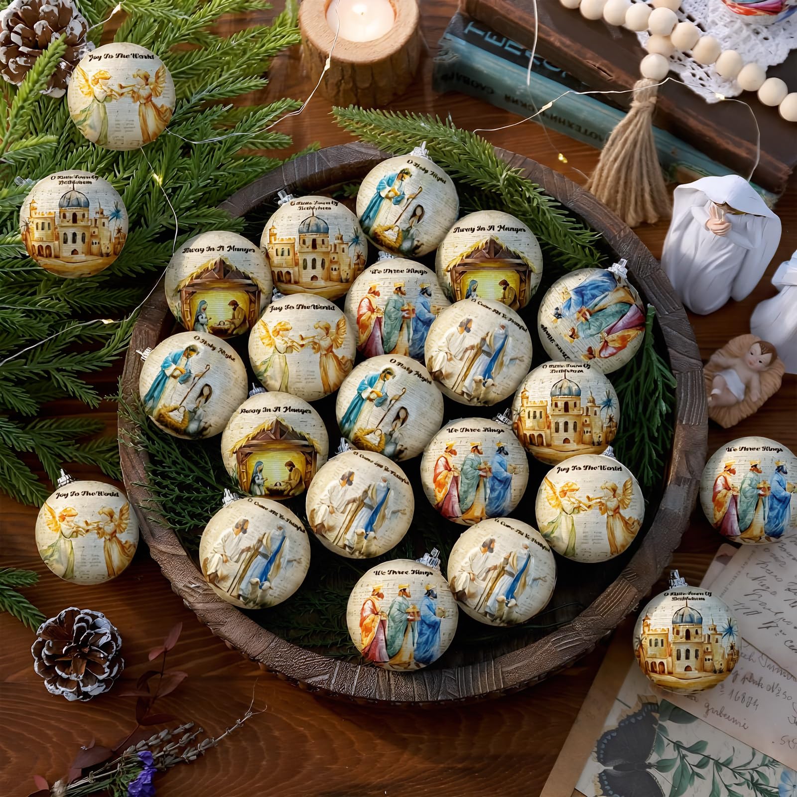 Outus 24 Pcs Nativity Scene Christmas Tree Ornaments Ball Christmas Jesus Decorations for Tree Vintage Christian Religious Hangi