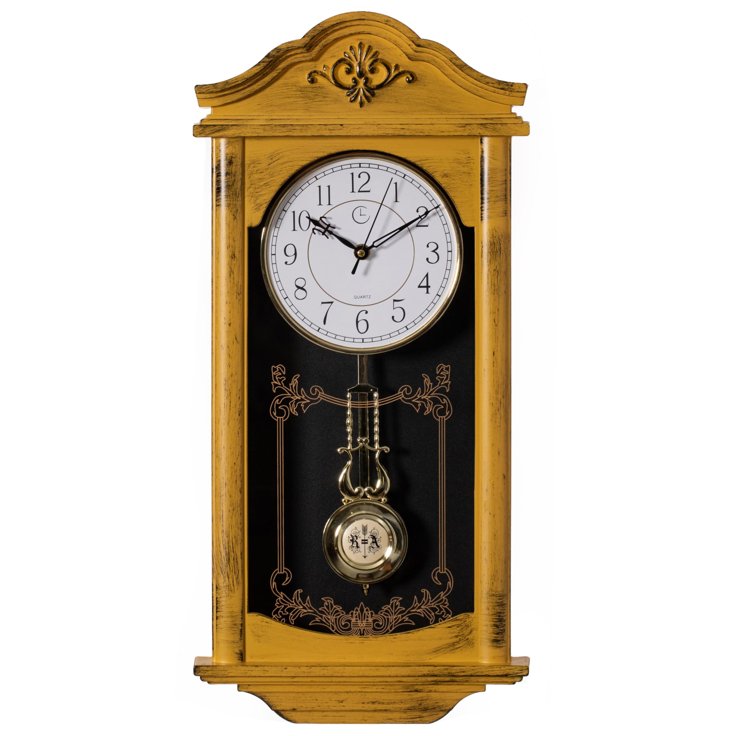 Clockswise Large Vintage Grandfather Wood- Looking Plastic Pendulum Wall Clock For Living Room, Kitchen, Or Dining Room, Large W
