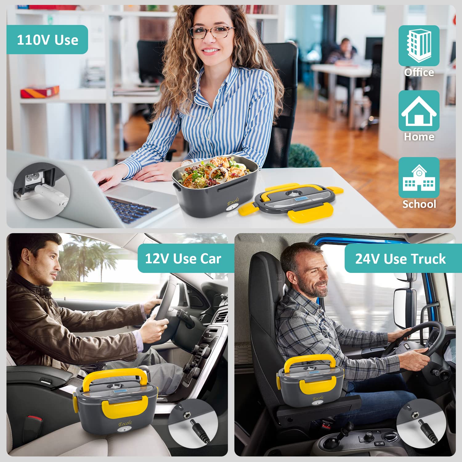 Eocolz Electric Lunch Box Food Heater Warmer 60W, 2 In 1 Portable Lunch Box For Car Truck Home Work Leak Proof With 1.5L Removab