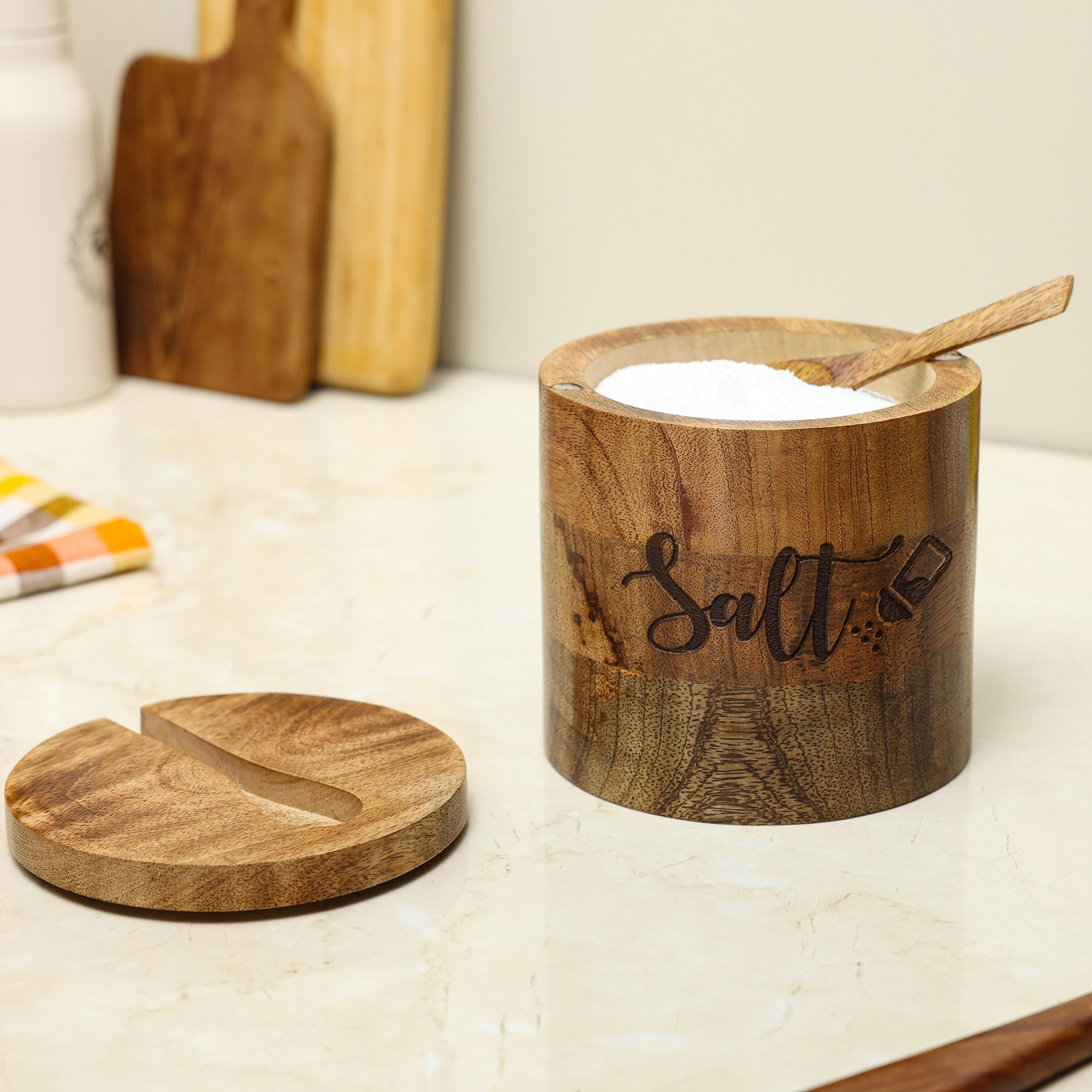 Dudki Wooden Salt Box With Magnetic Lid With Attached Spoon On Top| Round Salt Container| Bowl Pot Jar Salt Box | Mango Wood For