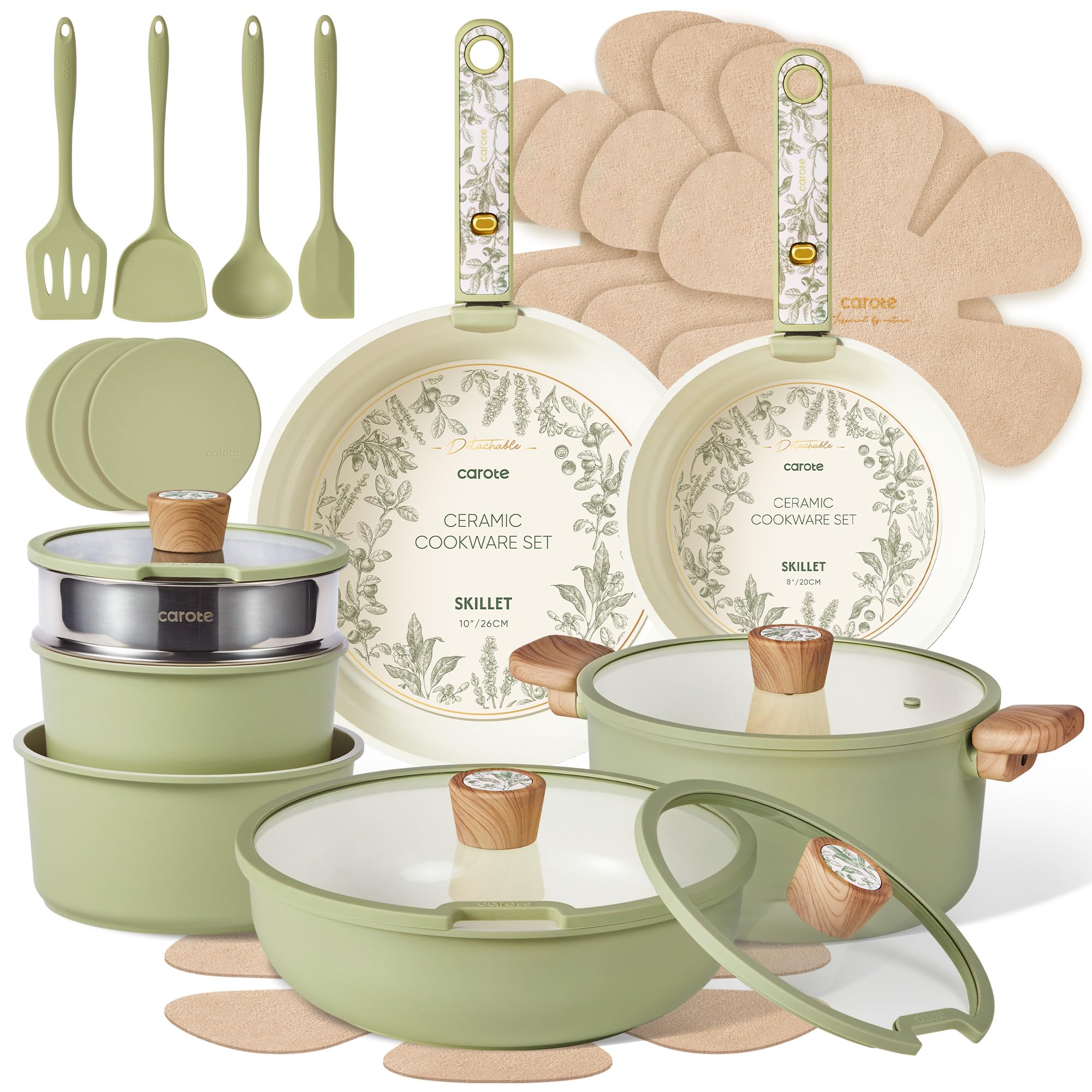 CAROTE 25pcs Ceramic Cookware Sets, Nonstick Pots and Pans Set Non Toxic