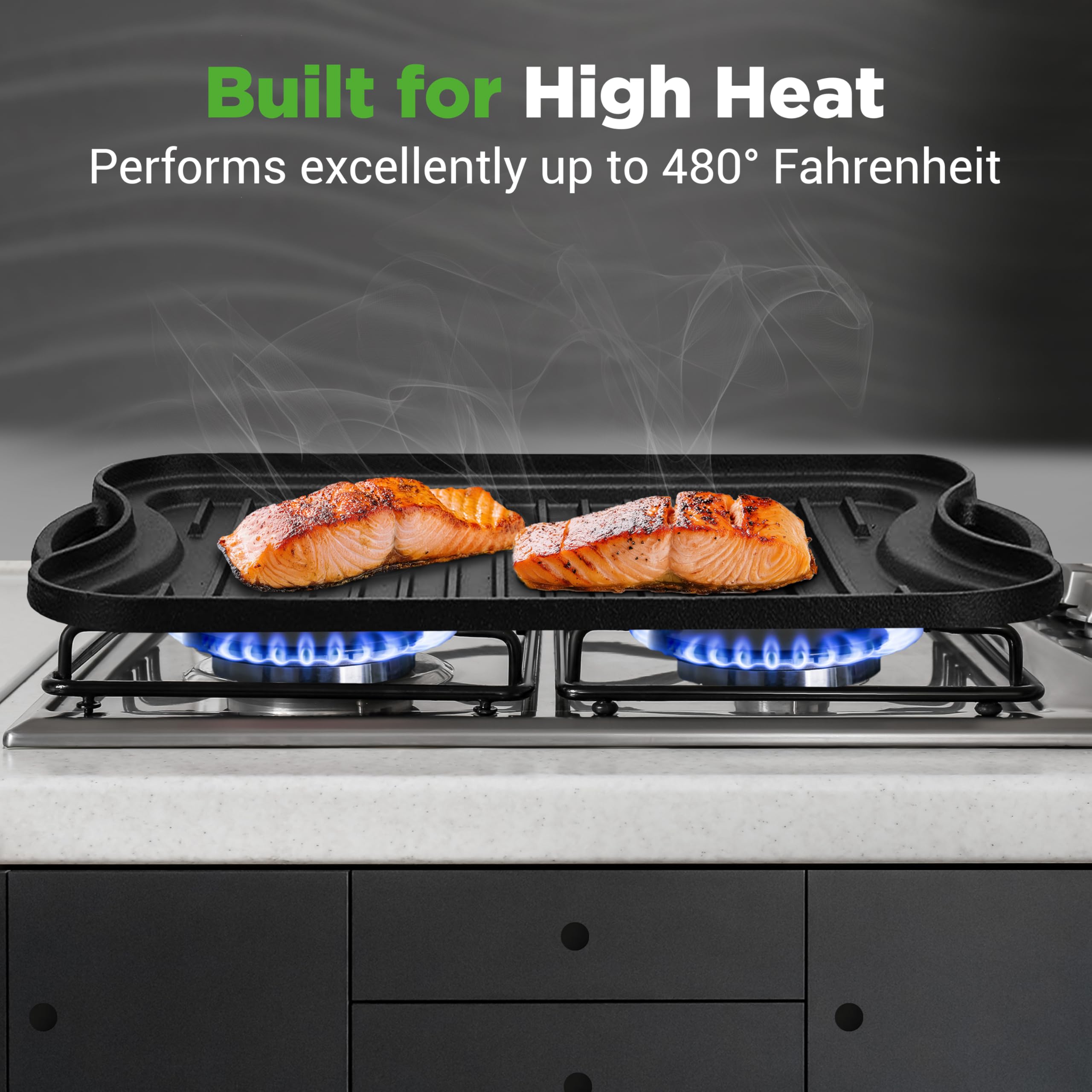 Nutrichef Reversible Cast Iron Griddle - Flat & Grill Sides, Extra-Wide, Oven Safe, Pfoa & Pfos Free, Compatible With Multiple S