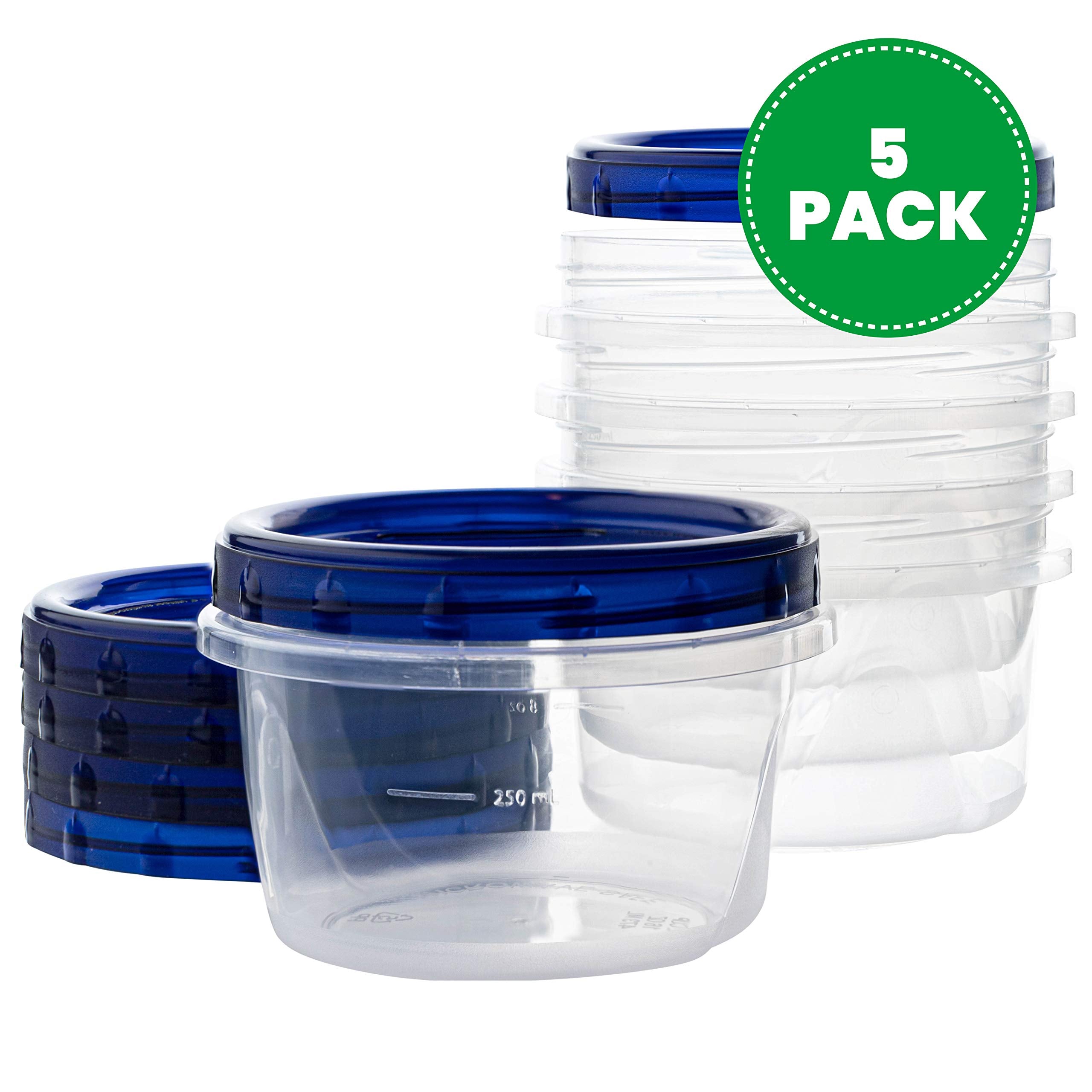 Plasticpro [16 Oz 5 Pack] Deli Containers Clear Bottom With Blue Top Twist On Lids Reusable, Stackable, Food Storage Freezer Con
