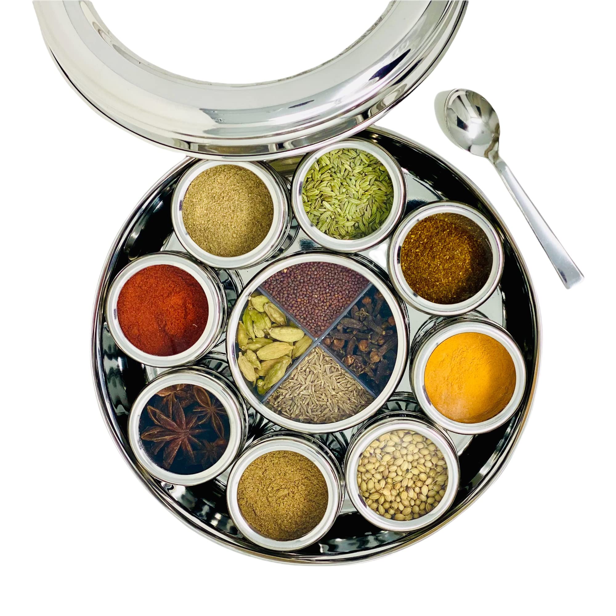 spice dabba Stainless Steel Indian Spice Box,Salt Pepper Unique Design for Spices,Steel Masala DabbaSpice Container with Lid  Ki