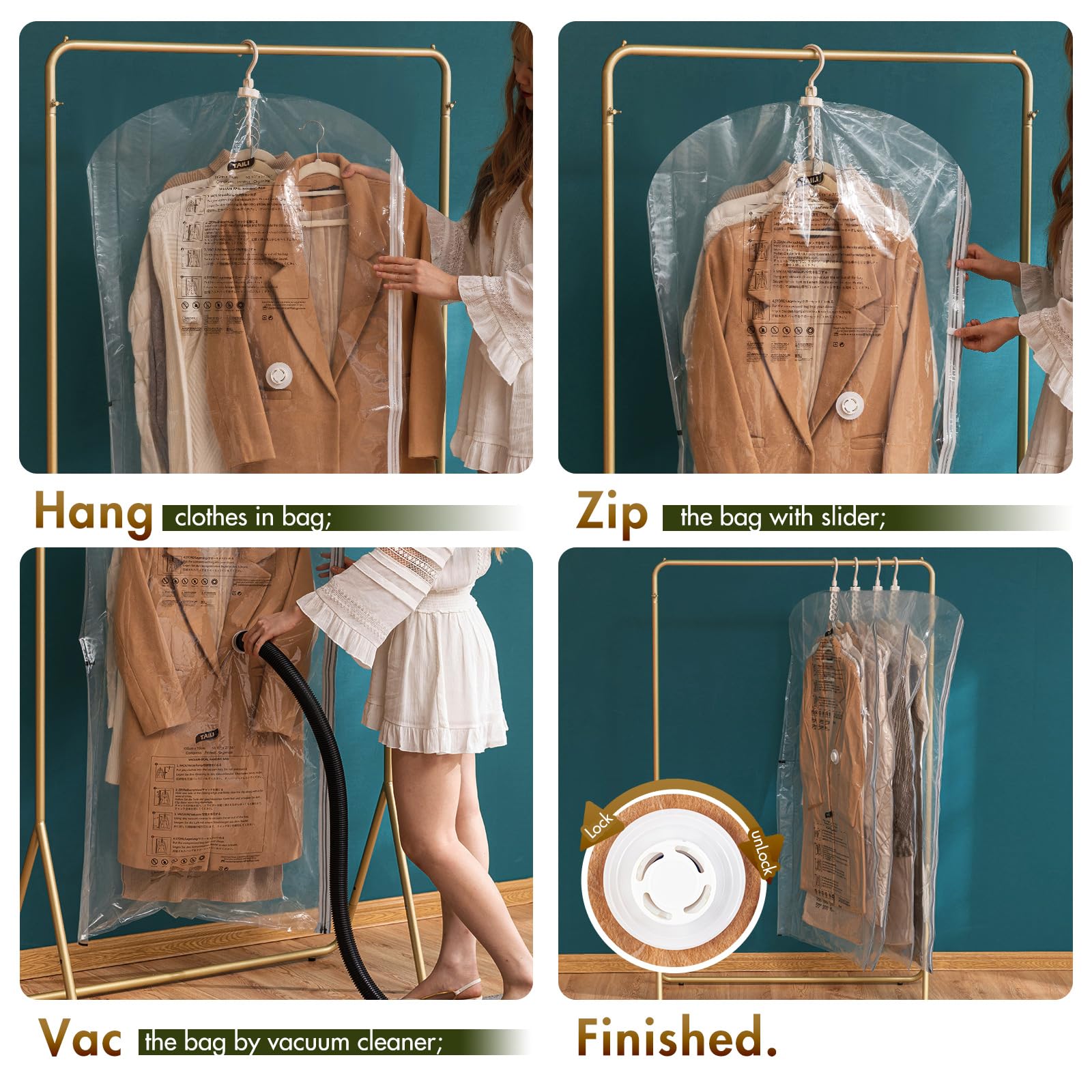 Taili Hanging Vacuum Storage Bags Space Saver Bags For Clothes, 4 Pack Long 53X27.6 Inches, Vacuum Seal Storage Bag For Suits, C