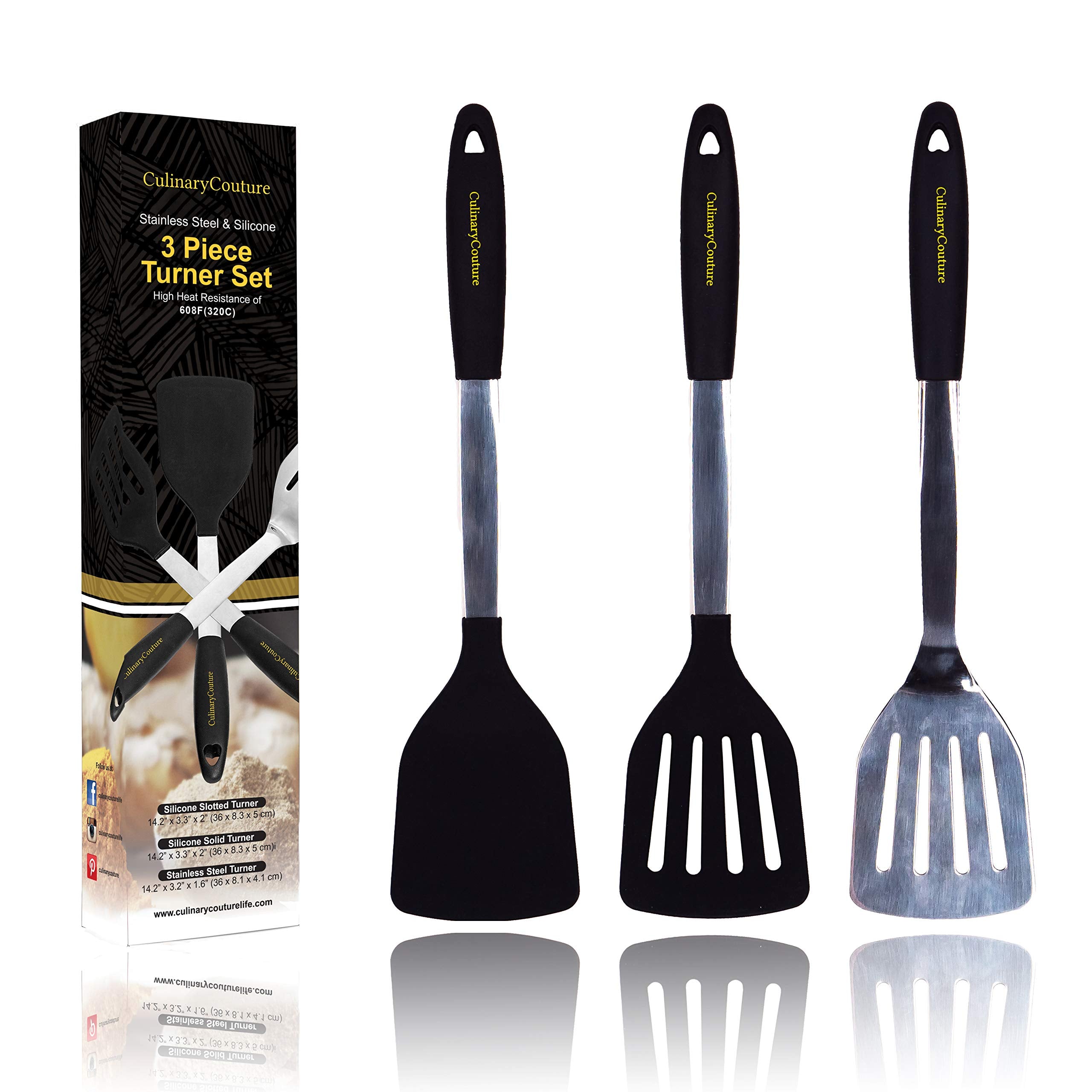 Silicone Spatula Turner Set - Stainless Steel And Silicone Heat Resistant Kitchen Utensils - 608F - Grill Spatula Tools For Bbq