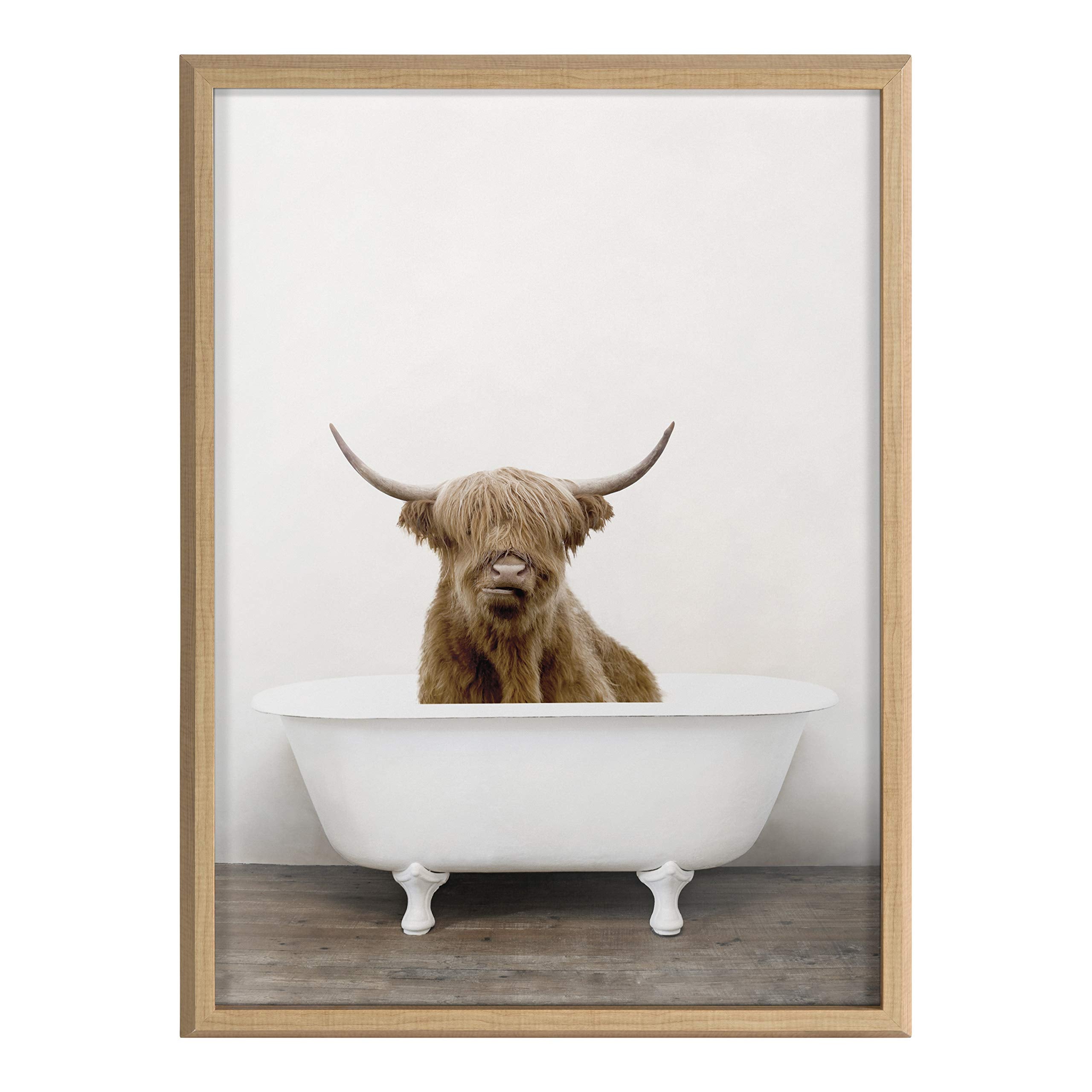 Kate and Laurel Blake Highland Cow in Tub Color Framed Printed Glass Wall Art by Amy Peterson Art Studio  18x24 Natural  Farmhouse Inspired Animal Art for Wall