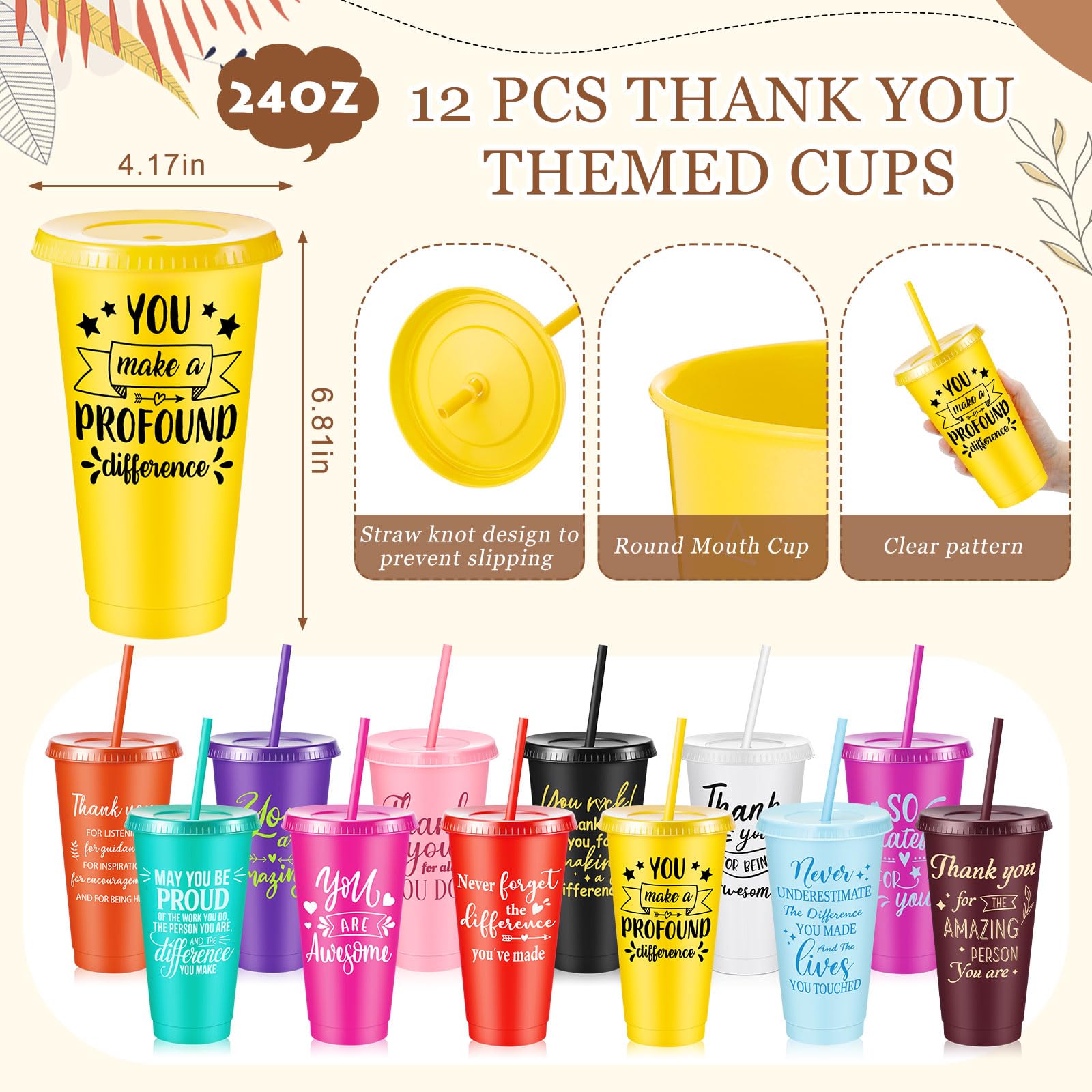 Hollowfly 12 Sets / 48 Pcs Inspirational Appreciation Gifts, Thank You for Employee Coworkers, 24 oz Plastic Cup with Lid Straw
