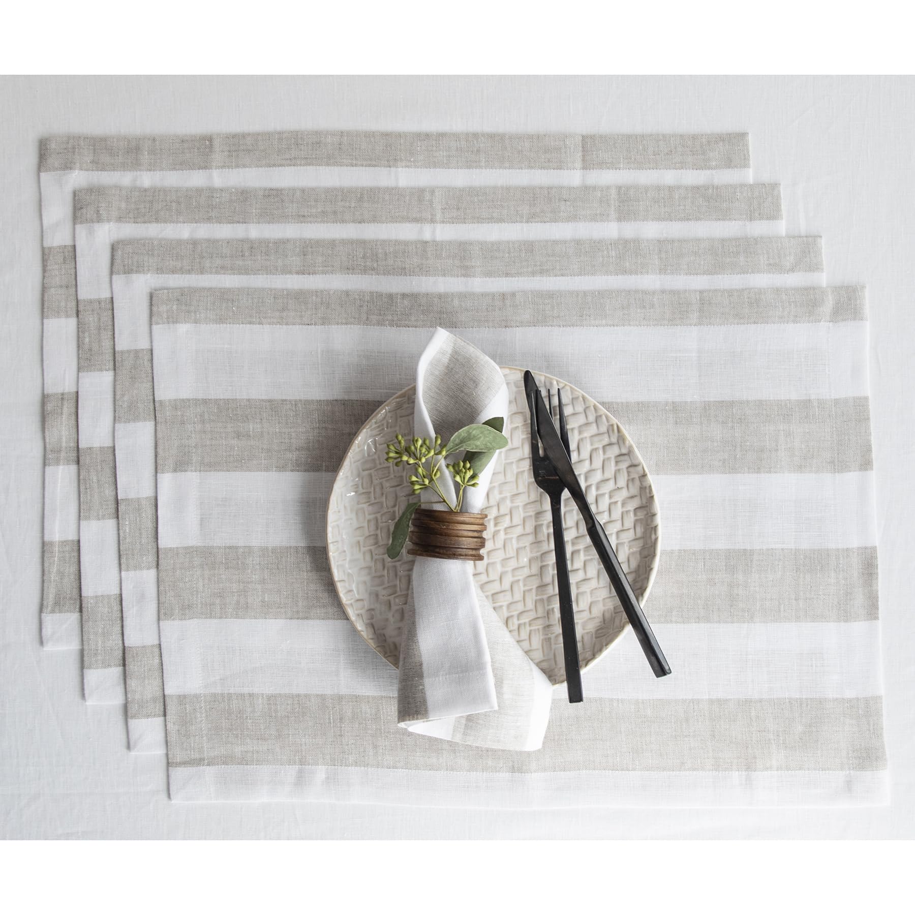 Solino Home Cabana Stripe Linen Placemats Set Of 4 - 100% Pure Linen Natural And White Placemats 19 '' L X 14 '' W Inch - Machin