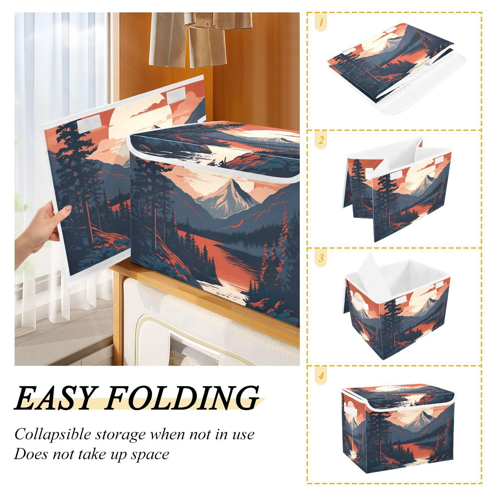 Xigua Mountains Trees Storage Bins With Lids And Carrying Handle,Foldable Storage Boxes Organizer Containers Baskets Cube With C