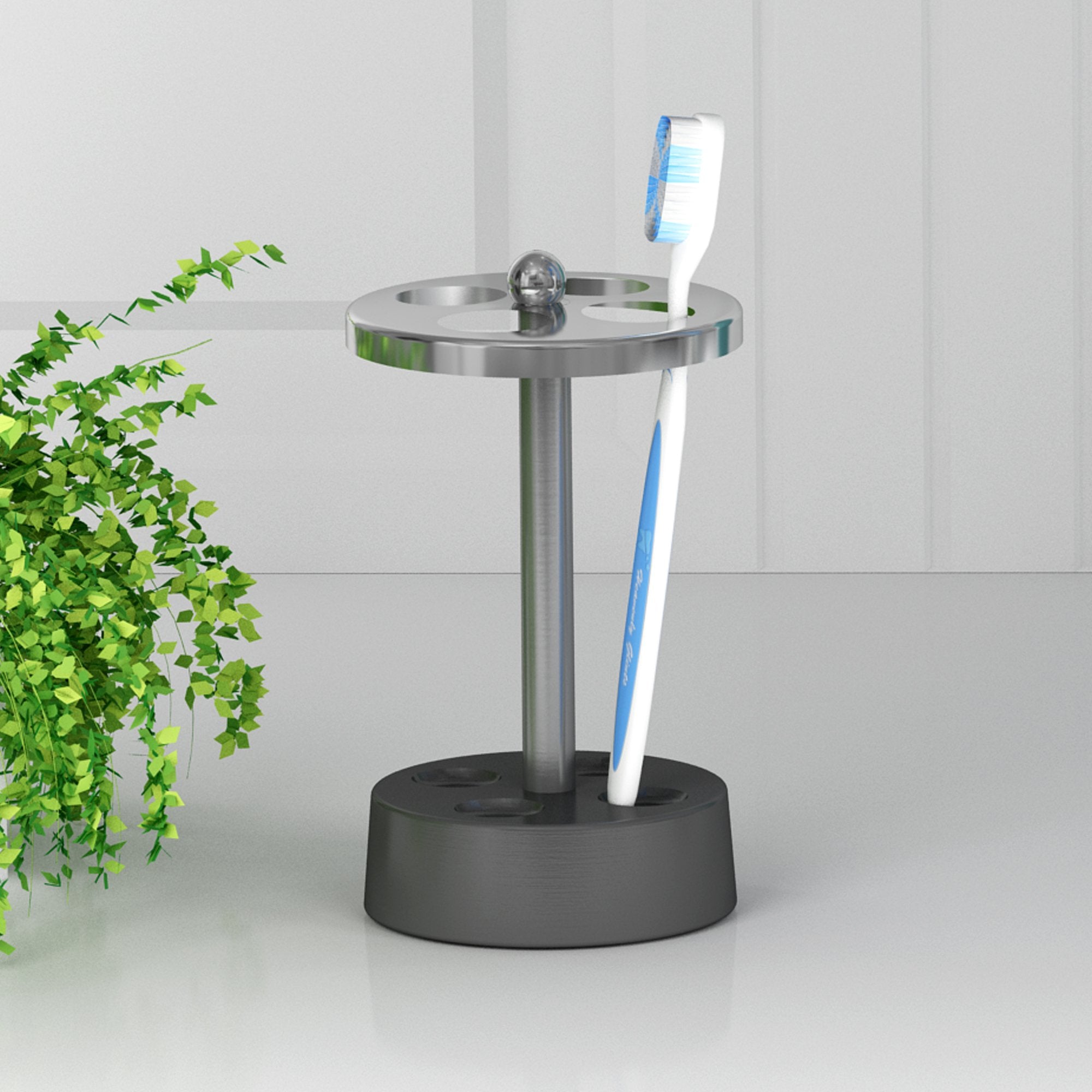 Nu Steel Triune Toothbrush Holder & Makeup Organiser In 3-Tone Shiny Gray Stainless Steel For Bathrooms & Vanity Spaces