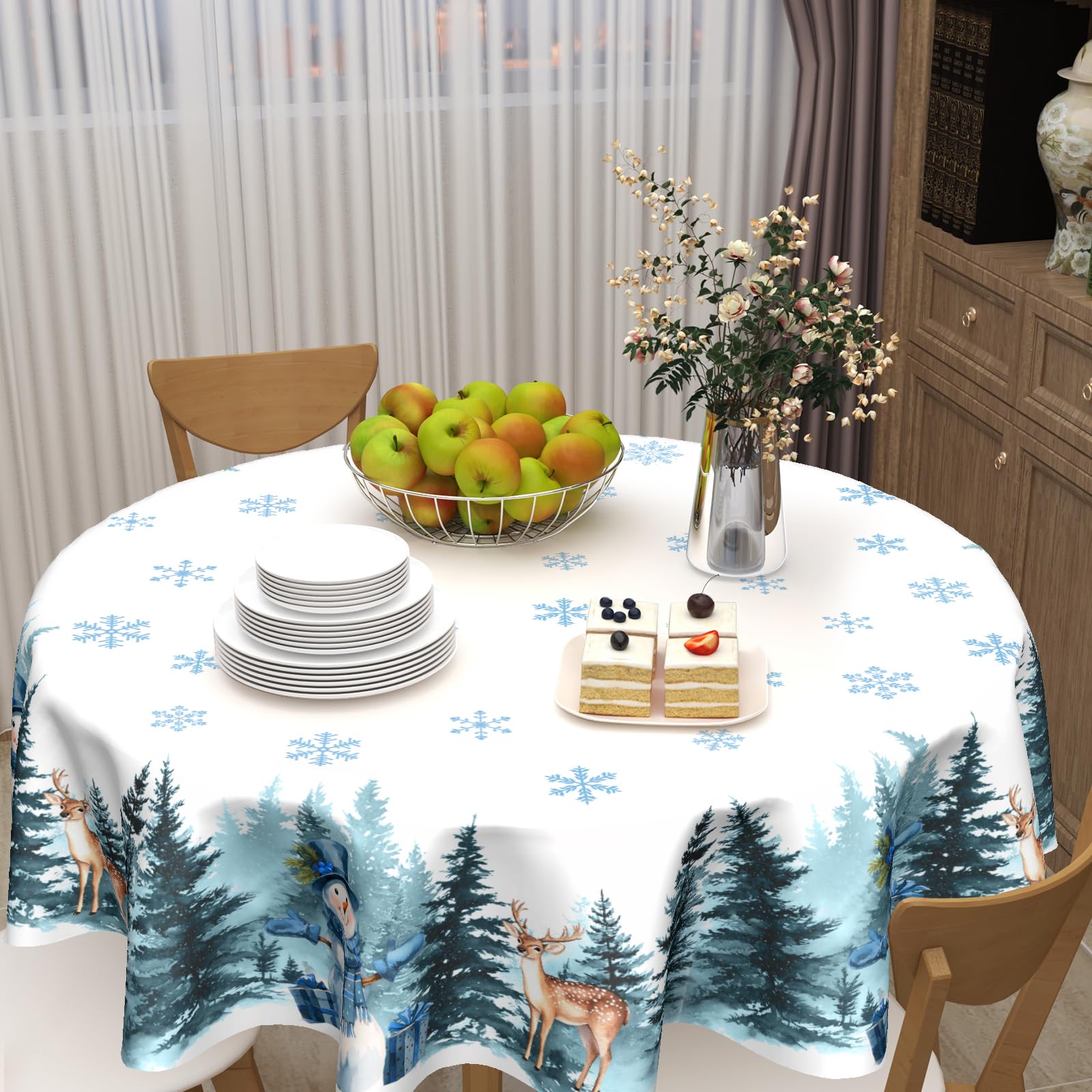 ABSOP Christmas Reindeer Round Tablecloth Xmas Snowflake Pattern 60 Inch White Blue Table Cloth Winter Holiday Table Cover Washa