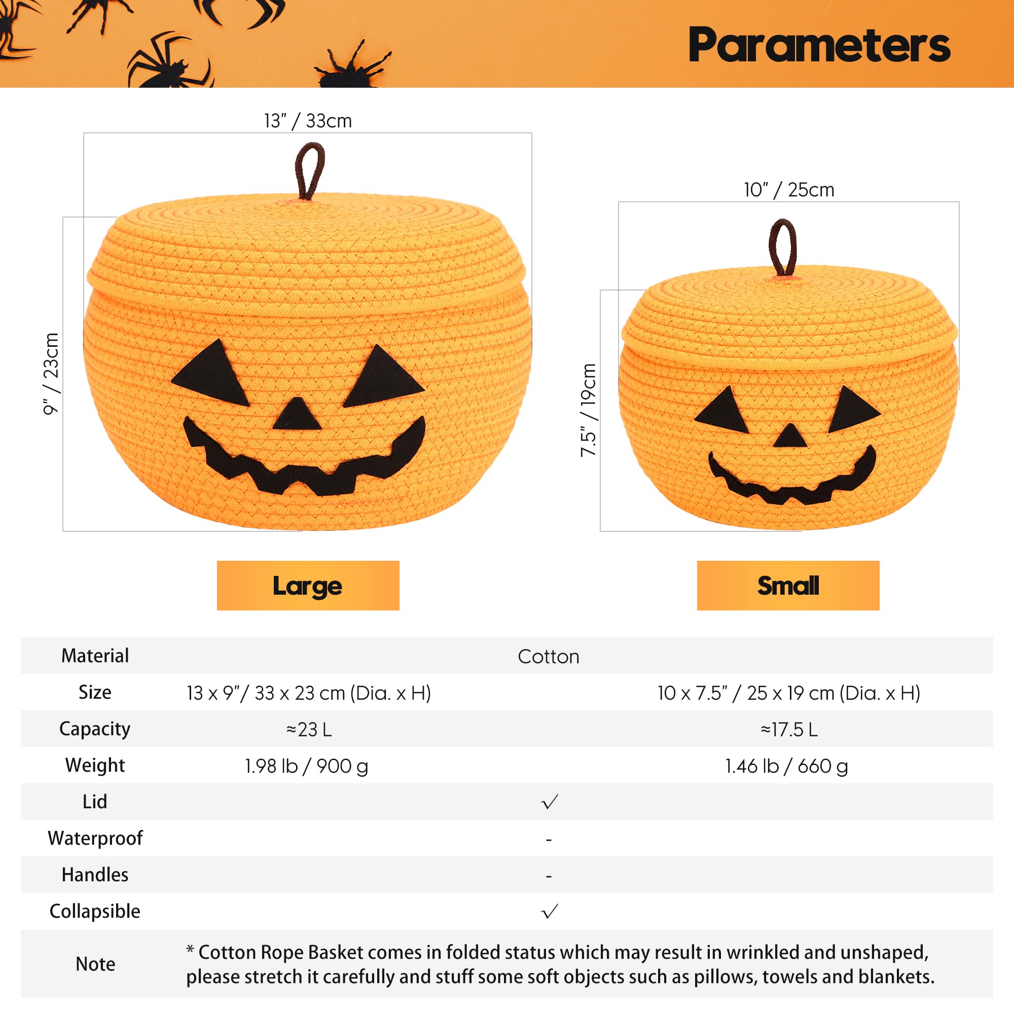 Sea Team Round Cotton Rope Storage Basket with Lid, Halloween Pumpkin Woven Storage Bin, Pot, Caddy, Organizer, Container for Sn